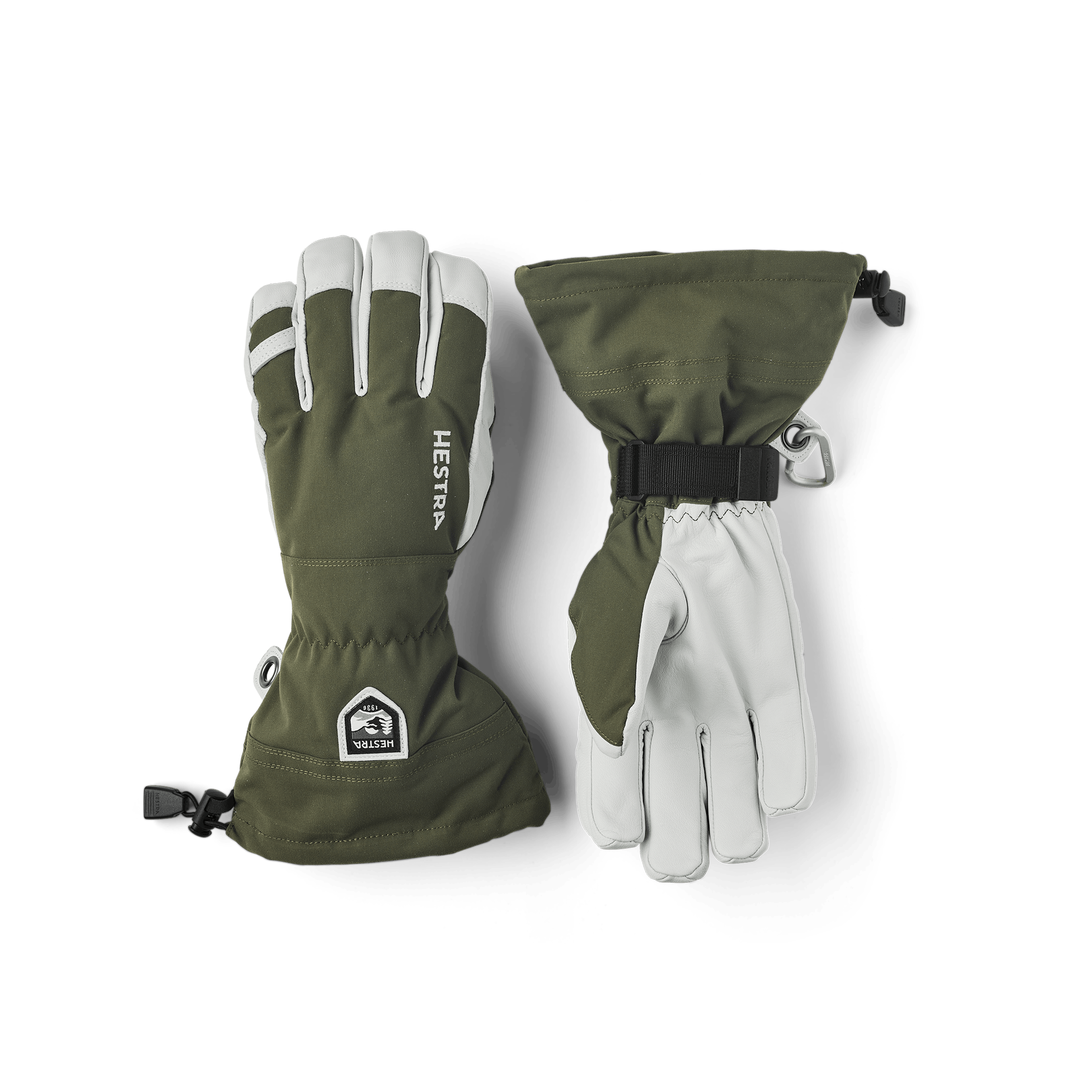 Moosgrüner Skihandschuh mit weißem Ziegenleder an der Innenhand
 (1 oder 11)