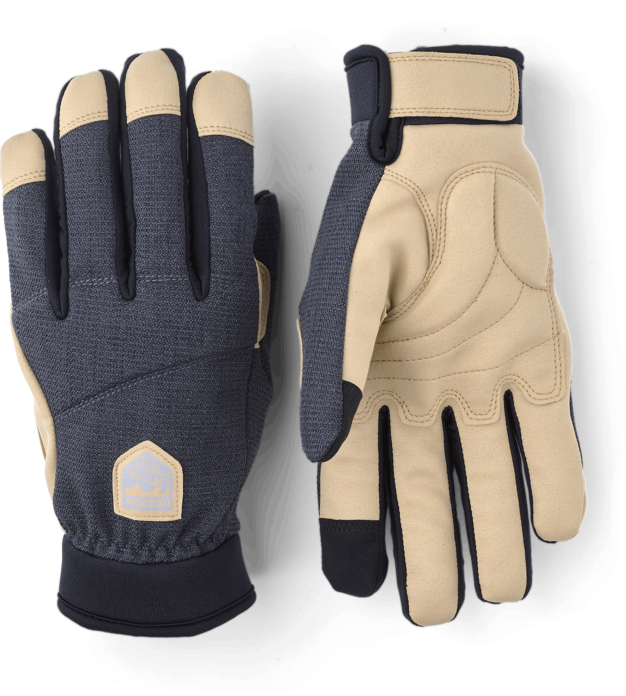 Dark blue fabric cycling glove with beige synthetic suede palm (1 of 6)
