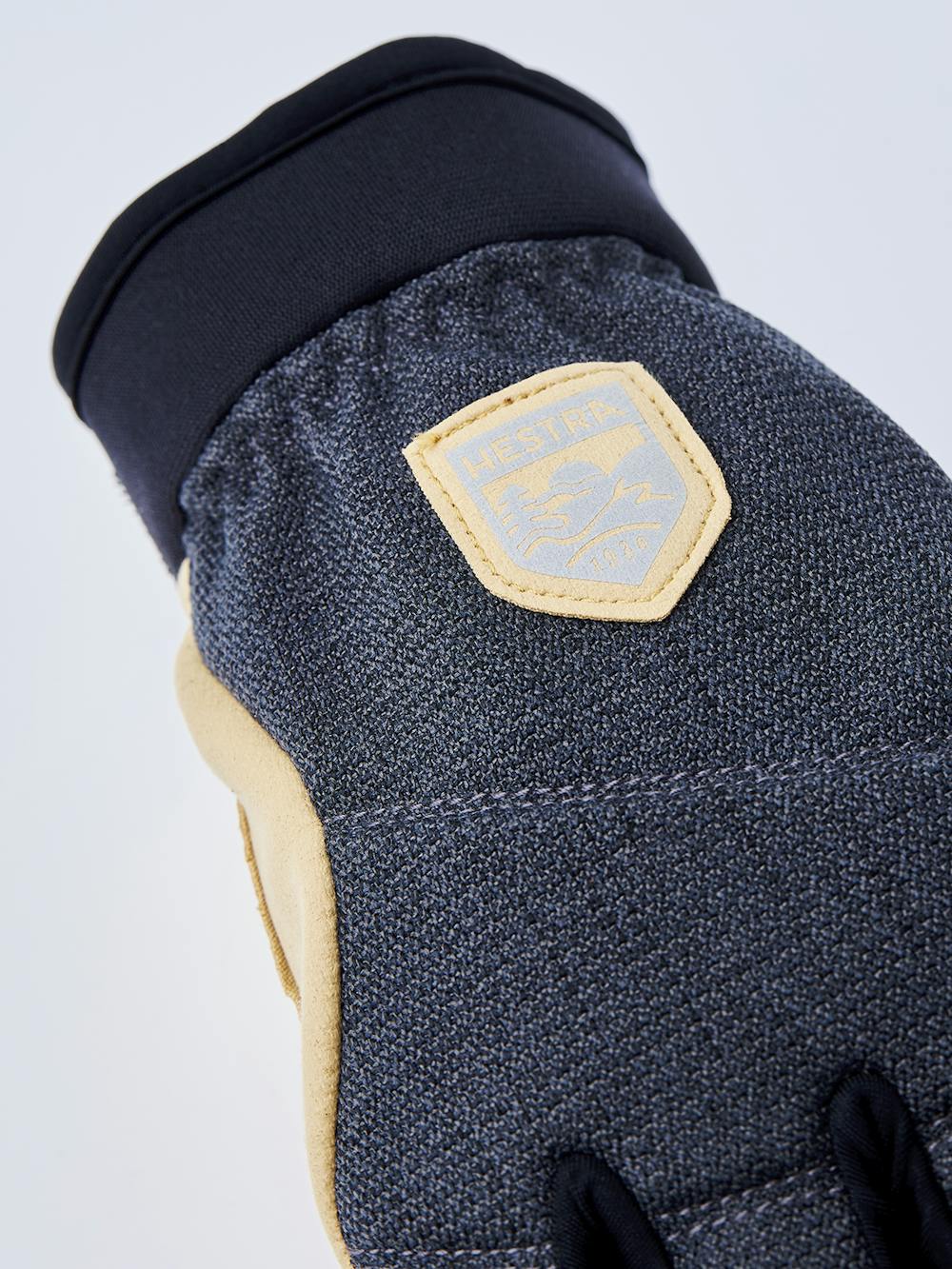 Dark blue fabric cycling glove with beige synthetic suede palm (6 of 6)