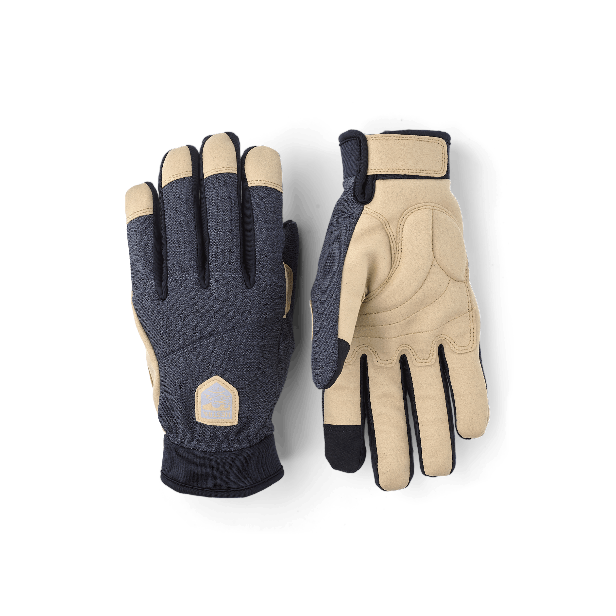 Dark blue fabric cycling glove with beige synthetic suede palm (1 of 6)