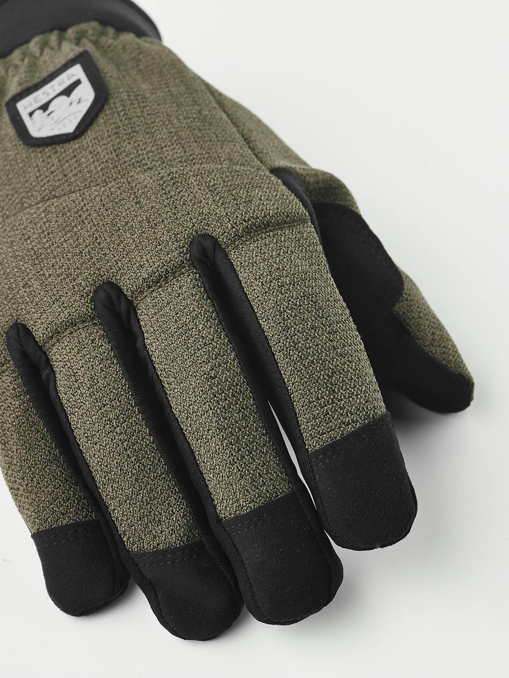 Moosgrüner Fahrradhandschuh aus Stoff mit schwarzer Innenhand aus synthetischem Wildleder (3 oder 7)