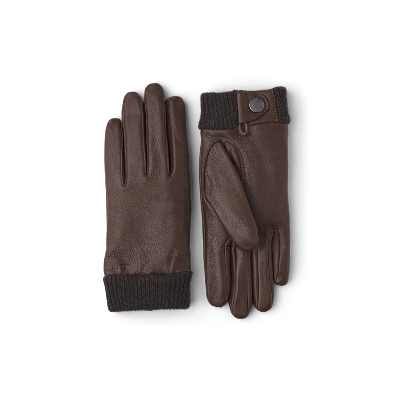Brown leather glove in deerskin with knitted cuff.
(1 of 3)