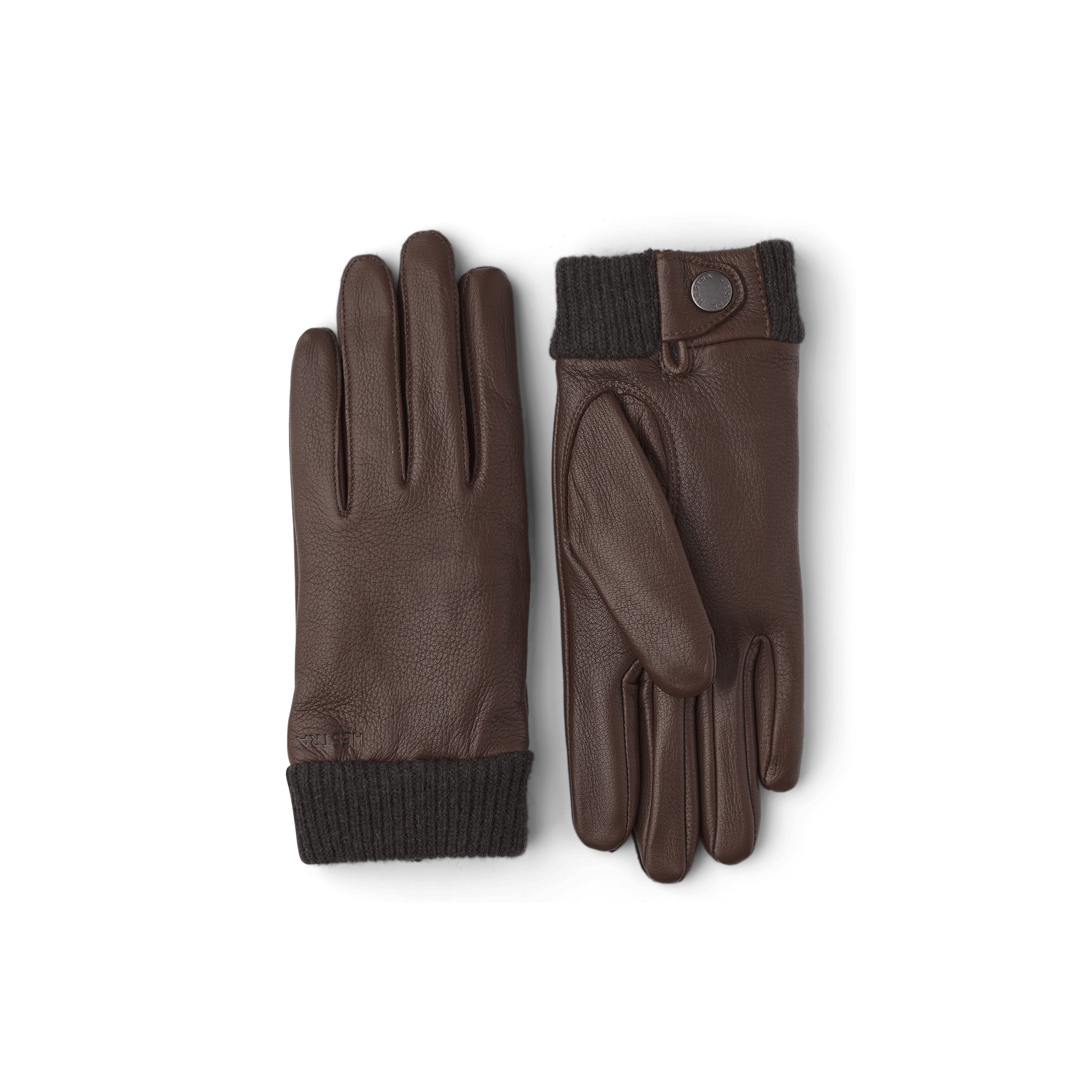 Brown leather glove in deerskin with knitted cuff.
 (1 of 3)