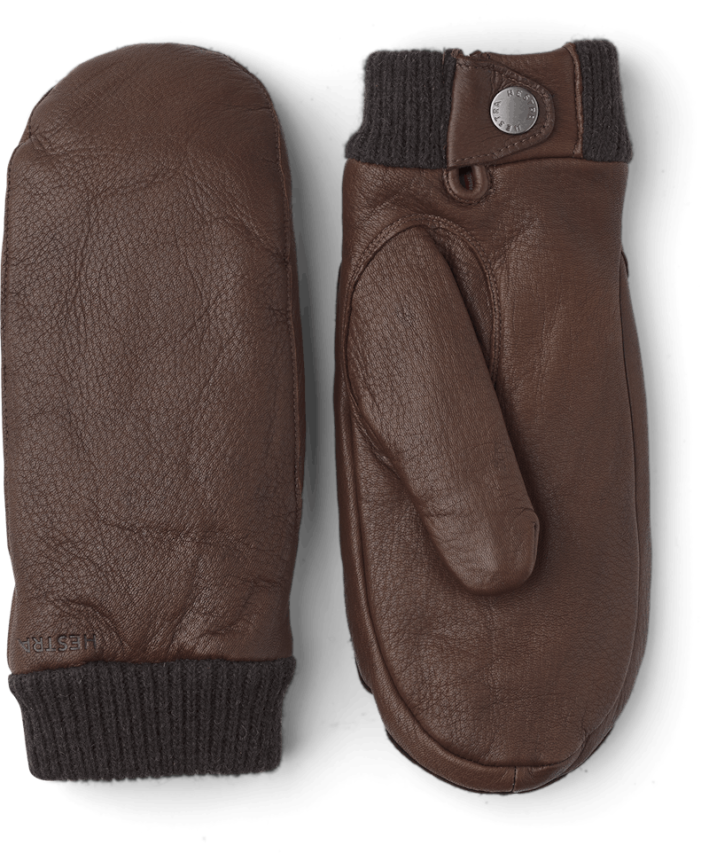 Brown deerskin mitten with knitted cuff
 (1 of 3)