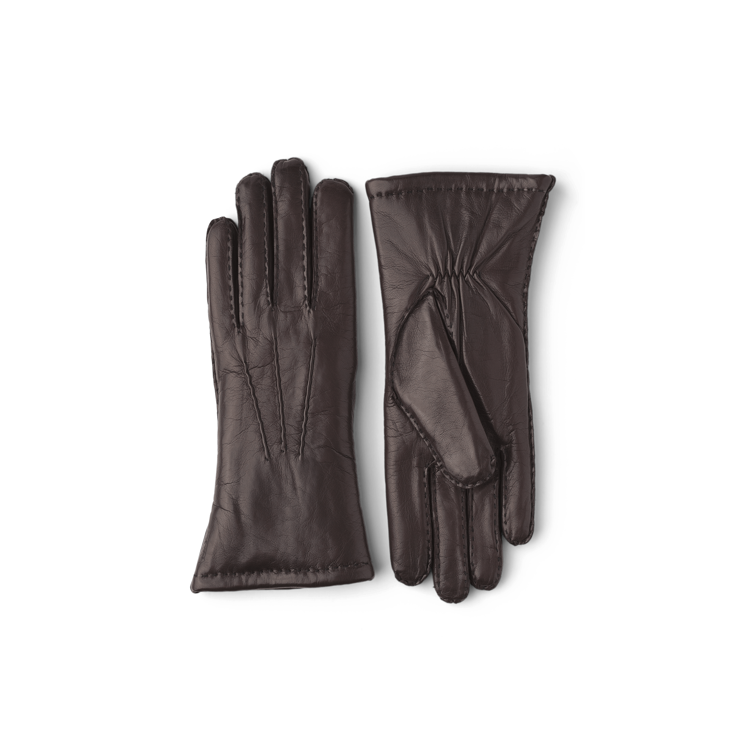 Dunkelbrauner handgenähter Lederhandschuh aus Haarschafleder
 (1 oder 4)