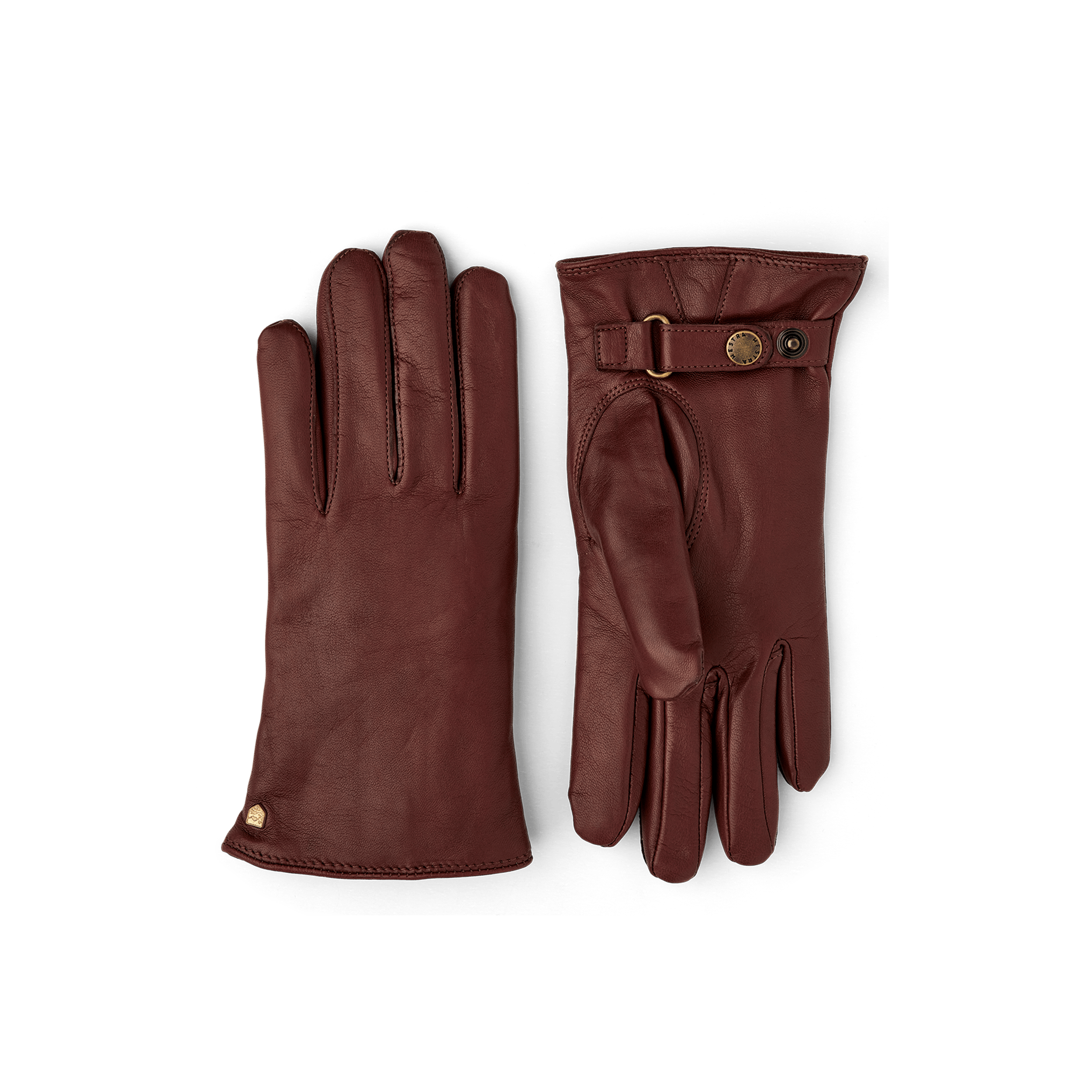 Brown machine-sewn hairsheep leather glove with leather strap
(1 of 3)