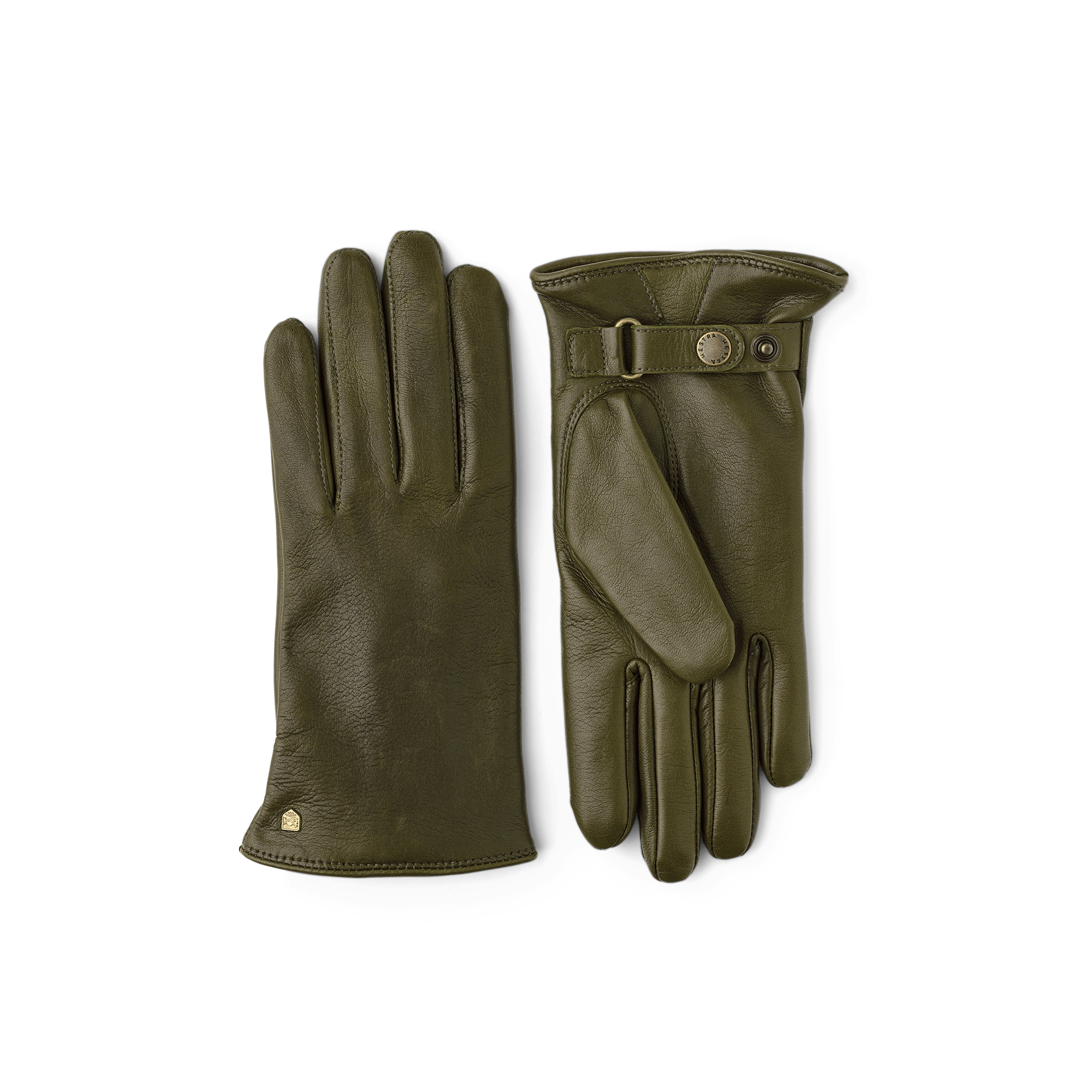 Loden green machine-sewn hairsheep leather glove with leather strap
 (1 of 3)