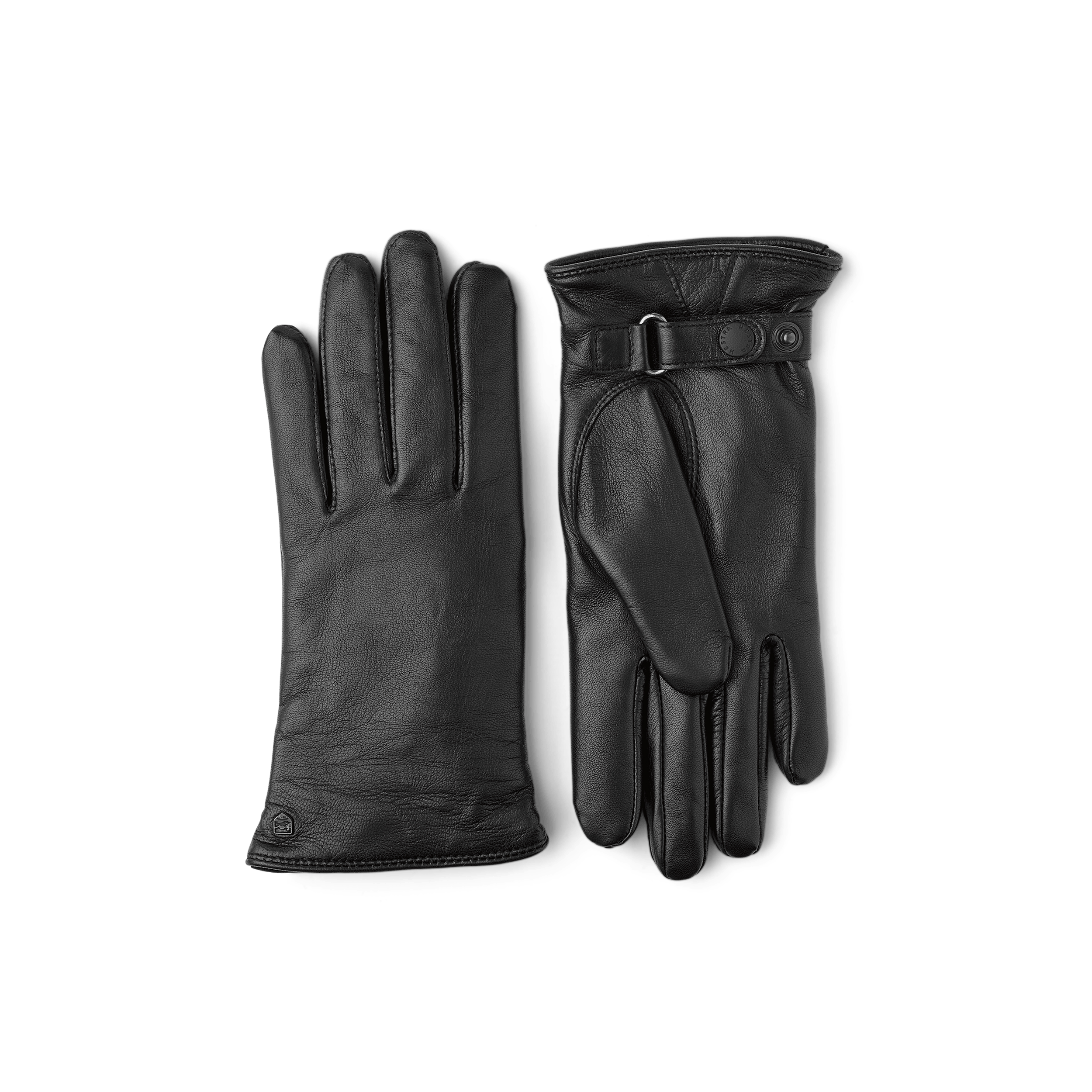 Black machine-sewn hairsheep leather glove with leather strap
 (1 of 3)