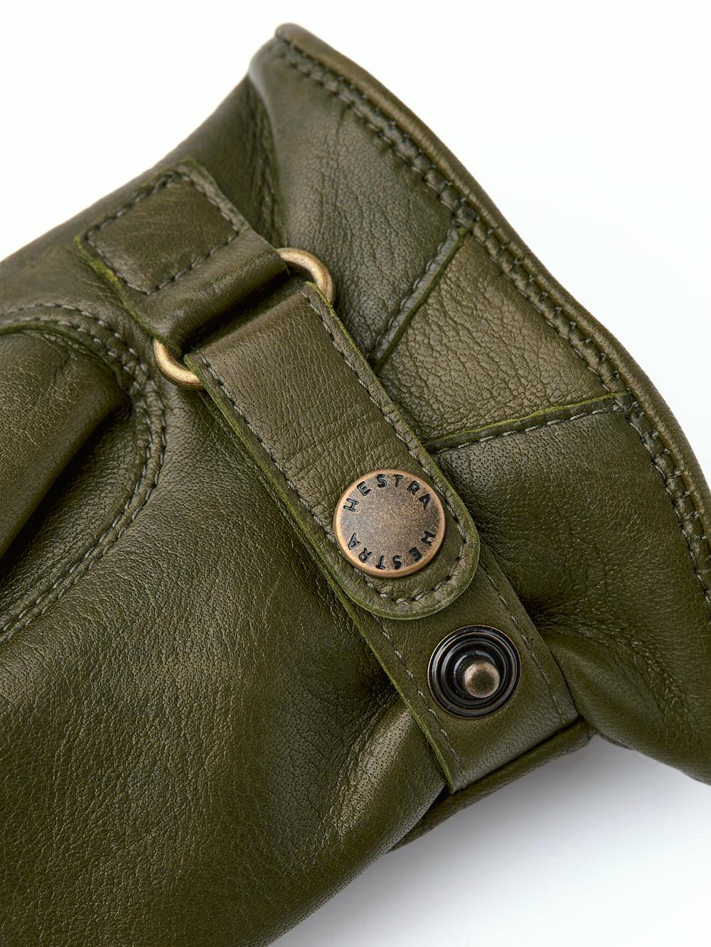 Loden green machine-sewn hairsheep leather glove with leather strap
 (3 of 3)