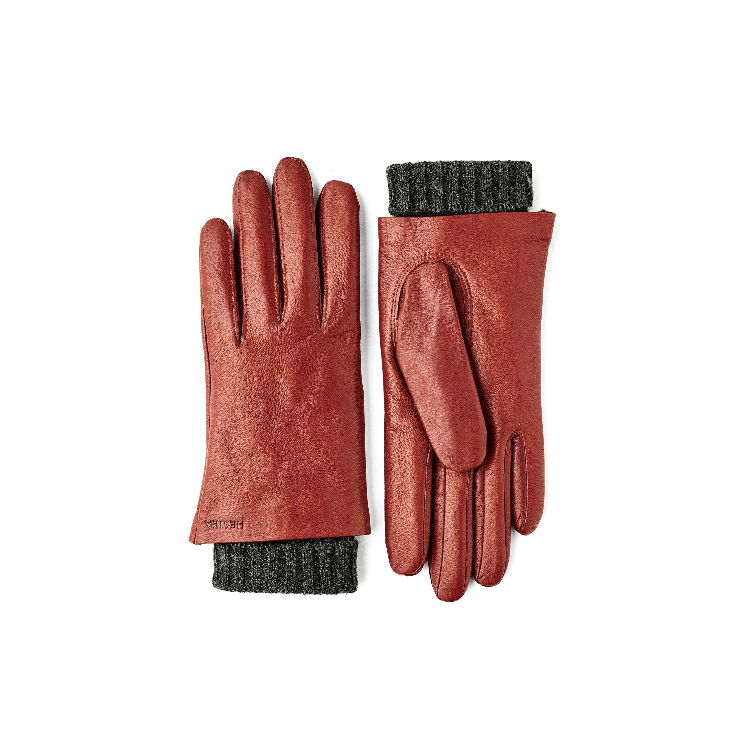 Brown-red machine-sewn hairsheep leather glove with knitted cuff
 (1 of 4)