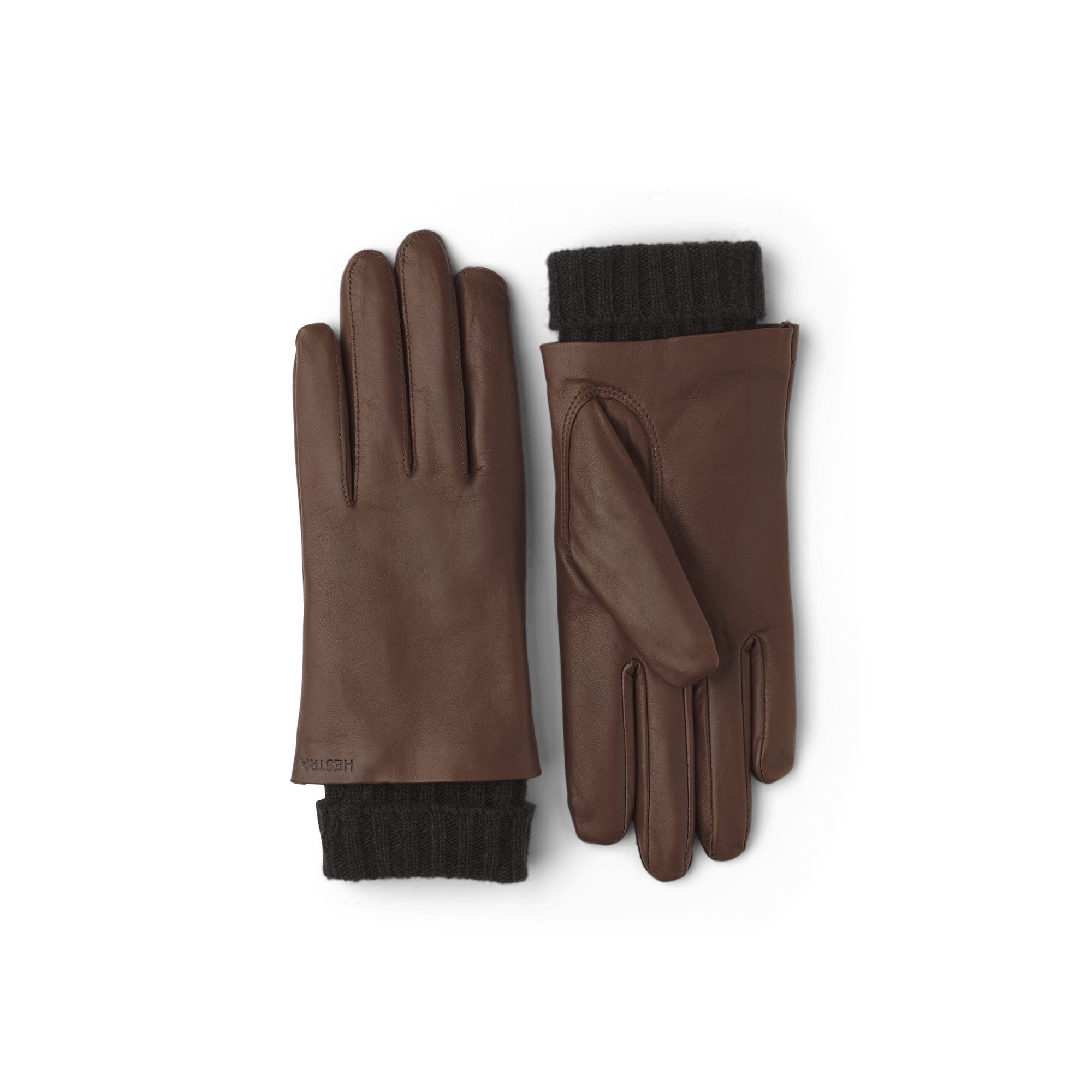 Brown machine-sewn hairsheep leather glove with knitted cuff
 (1 of 4)