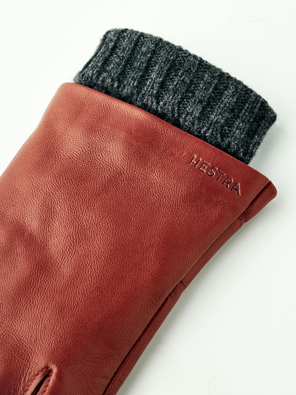 Brown-red machine-sewn hairsheep leather glove with knitted cuff
 (4 of 4)