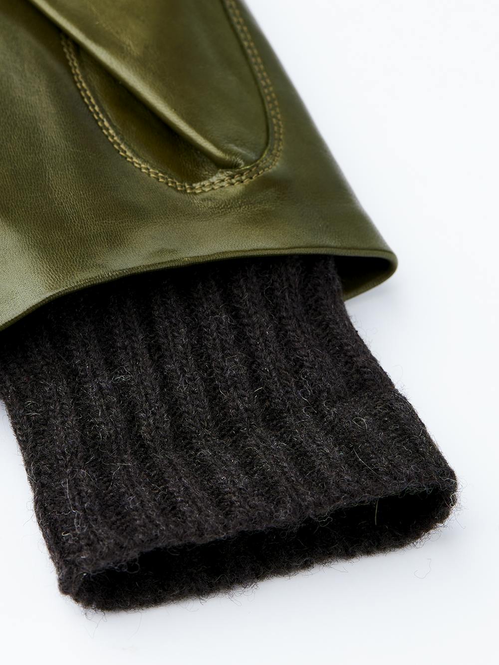 Moss green machine-sewn hairsheep leather glove with knitted cuff
 (3 of 3)