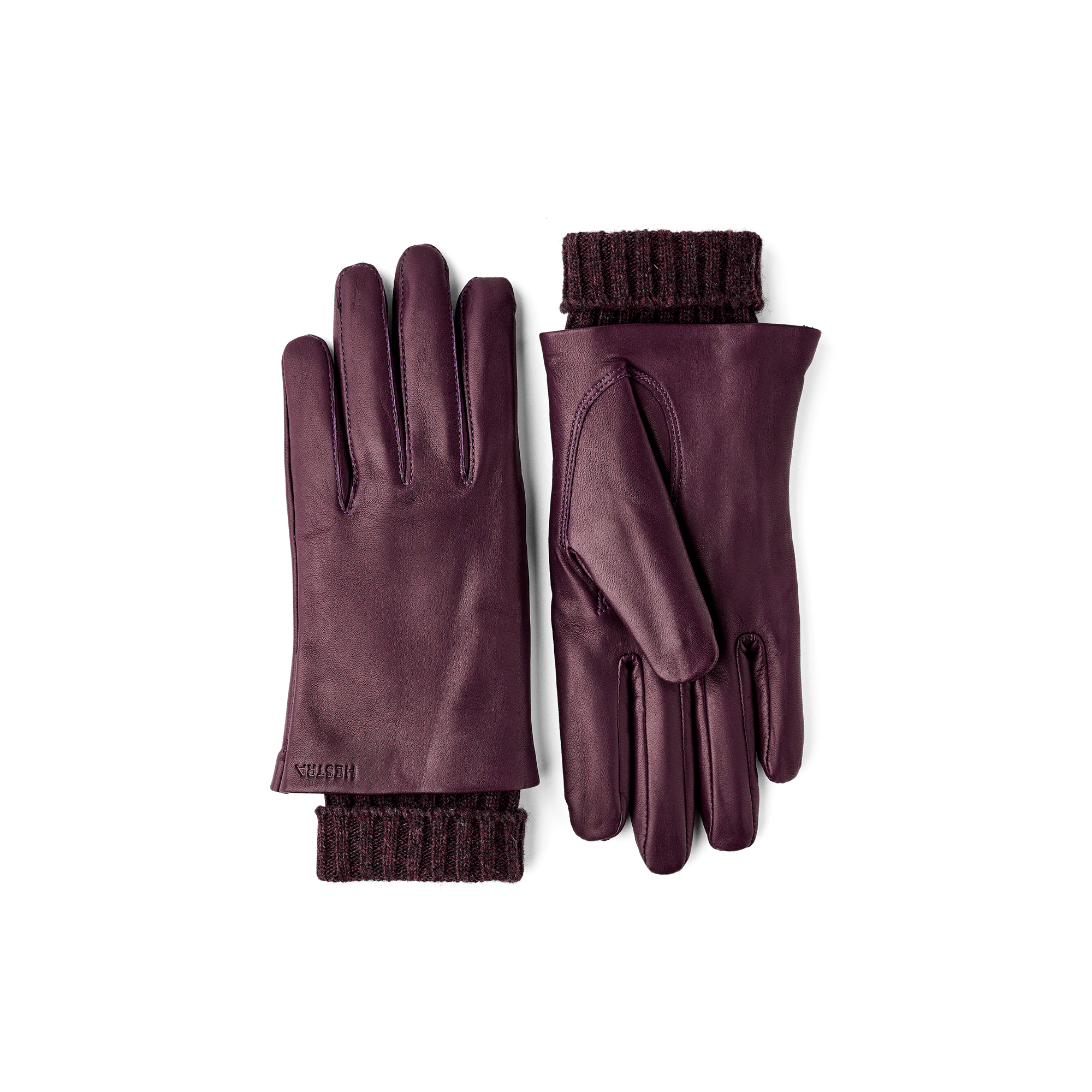 Dark purple machine-sewn hairsheep leather glove with knitted cuff
 (1 of 4)