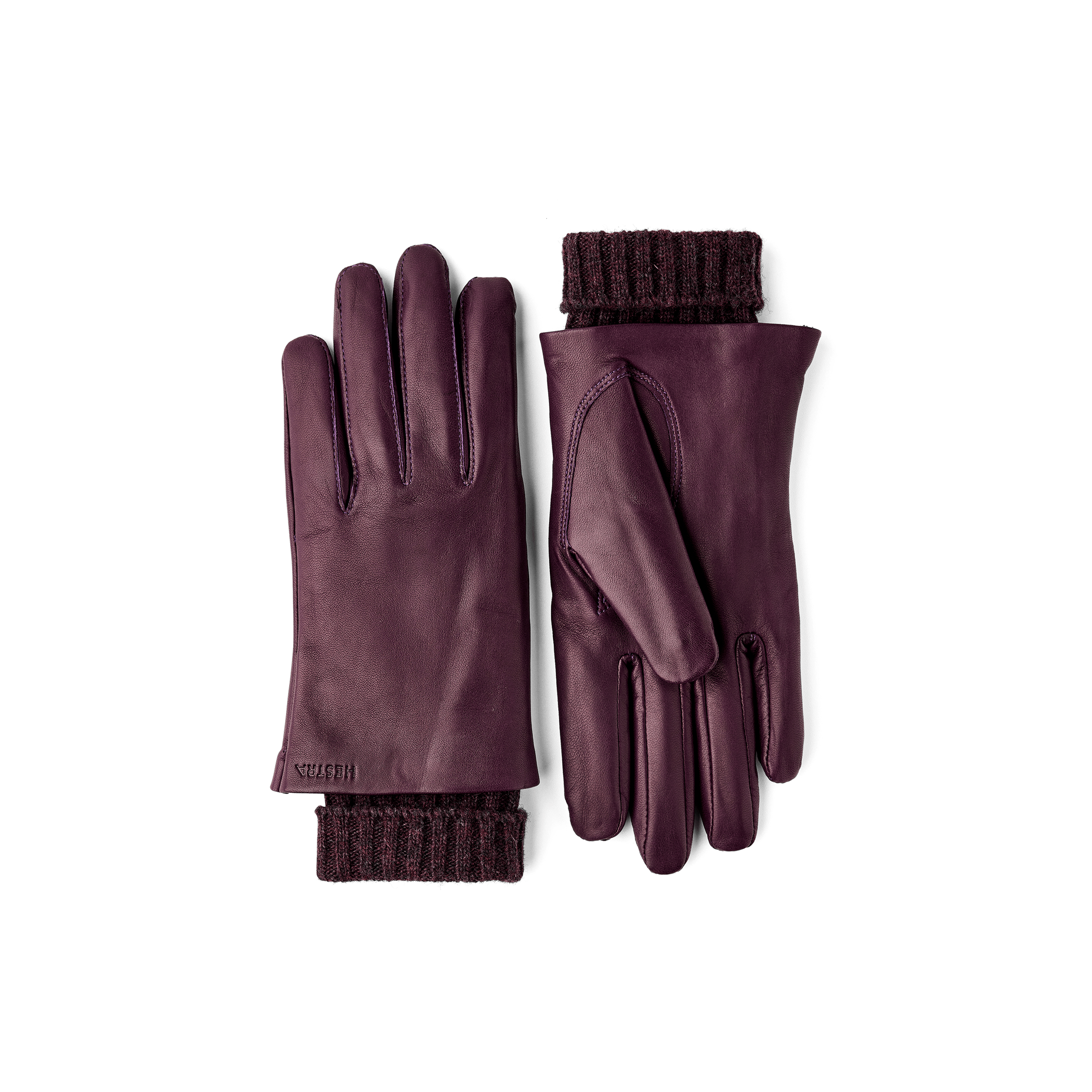 Dunkelvioletter maschinengenähter Lederhandschuh aus Haarschafleder mit Strickbündchen
 (1 oder 4)