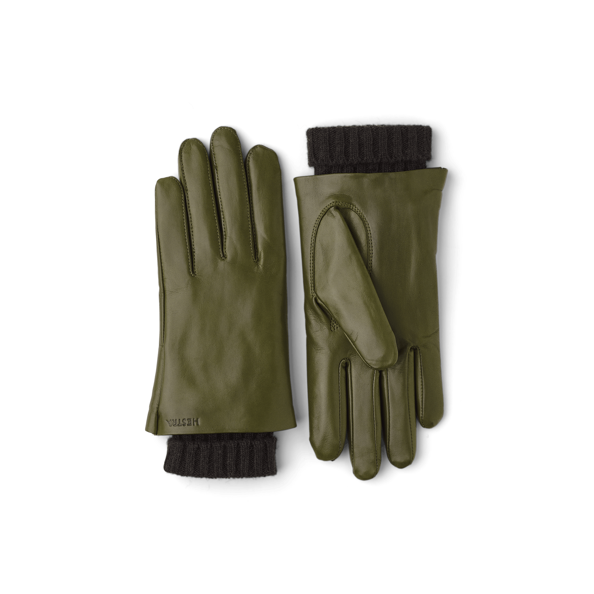 Moss green machine-sewn hairsheep leather glove with knitted cuff
 (1 of 3)