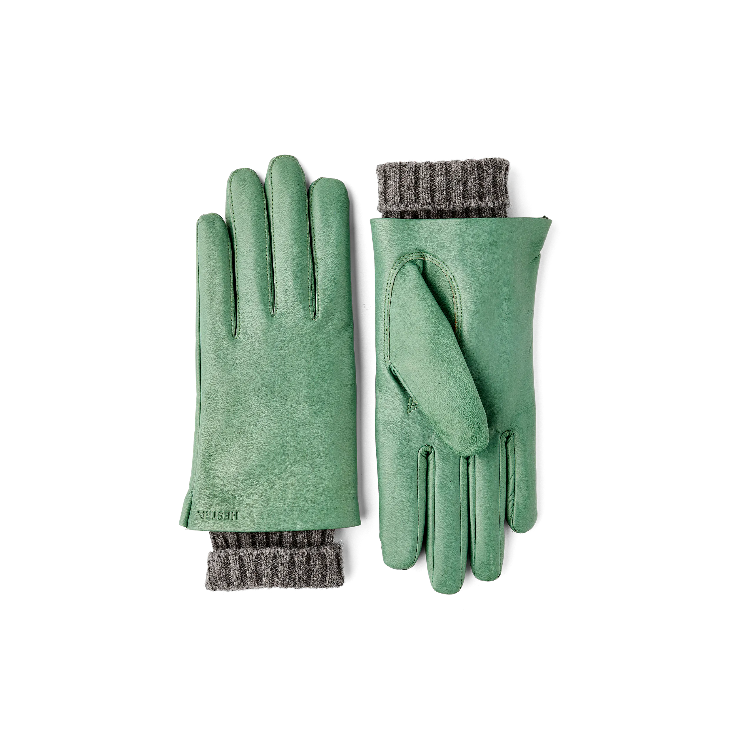 Silver-green machine-sewn hairsheep leather glove with knitted cuff
 (1 of 4)