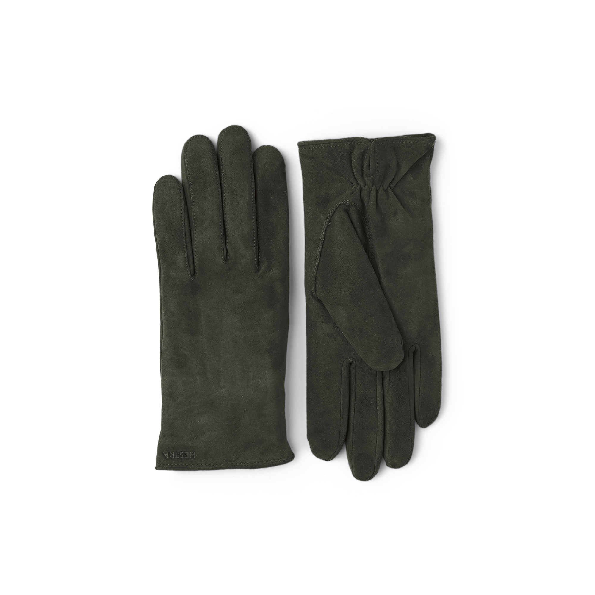 Dark olive green machine-sewn suede glove
 (1 of 4)