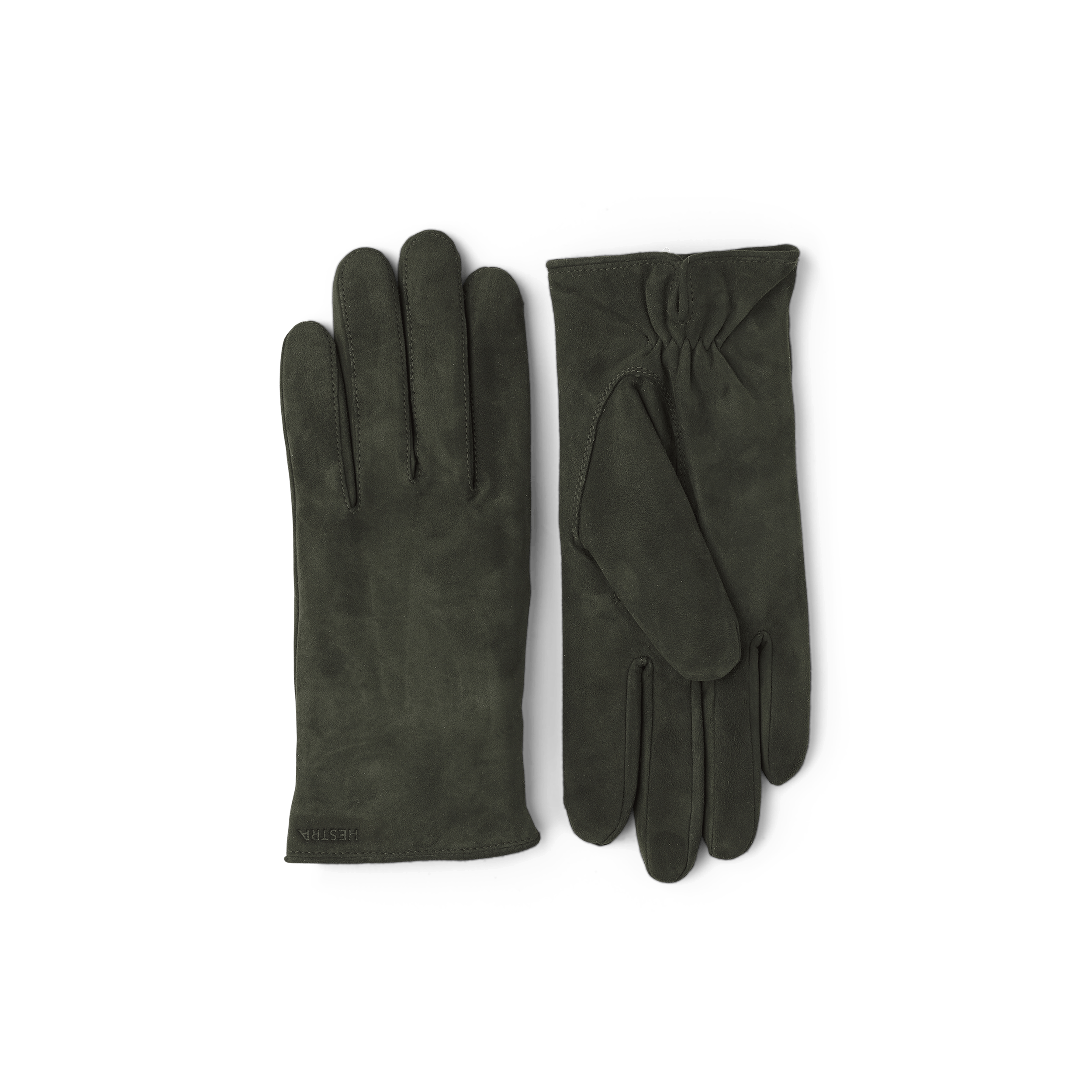 Dark olive green machine-sewn suede glove
 (1 of 4)