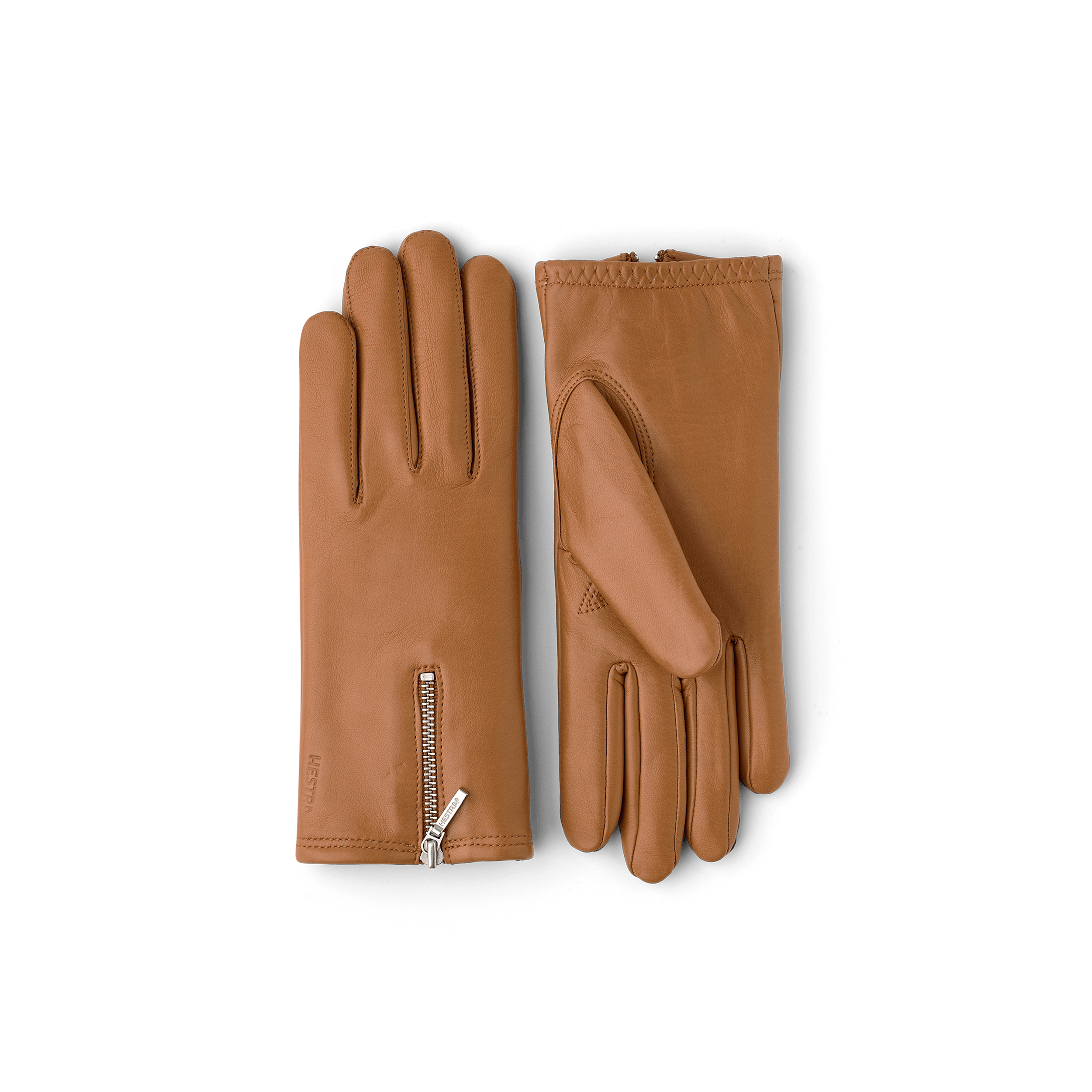 Goldbrauner maschinengenähter Lederhandschuh aus Haarschafleder mit Reißverschluss
(1 oder 5)