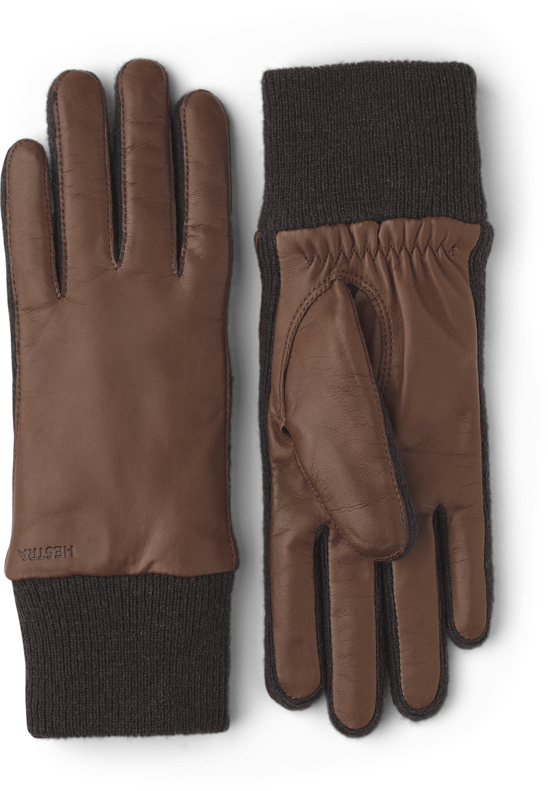 Brown machine-sewn hairsheep leather glove with dark brown knitted cuff and sides
(1 of 4)