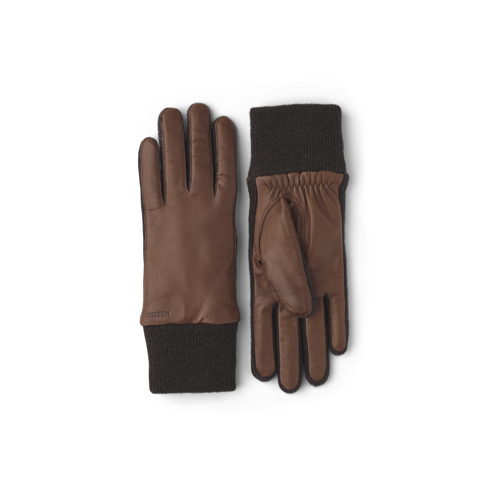 Brown machine-sewn hairsheep leather glove with dark brown knitted cuff and sides
 (1 of 4)