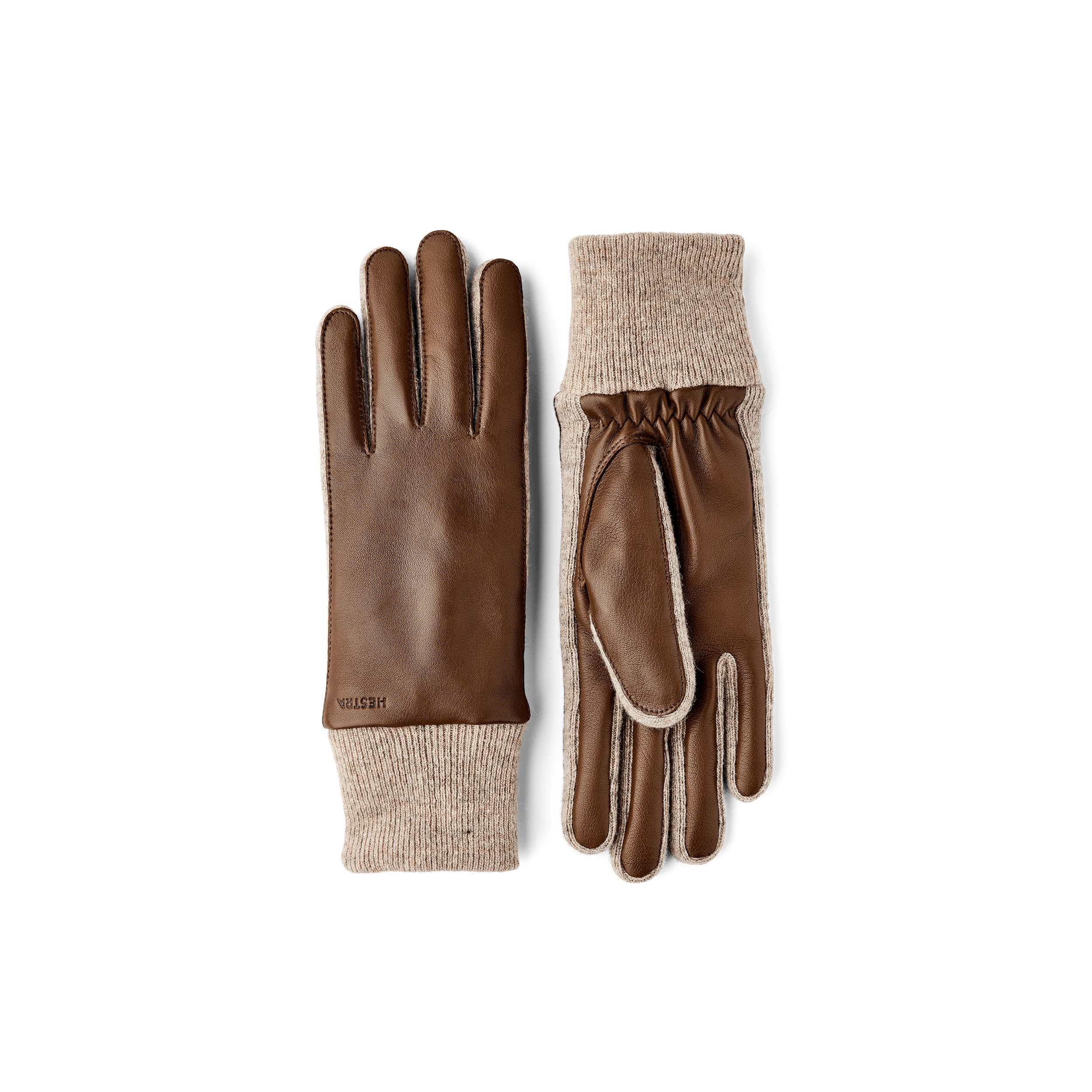 Brun maskinsydd skinnhandske i lammnappa med ljusbeige stickad mudd och sidor
 (1 av 4)