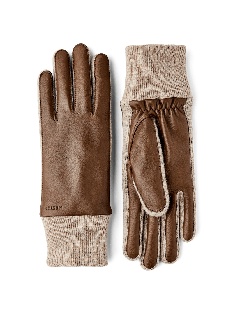 Brown machine-sewn hairsheep leather glove with light beige knitted cuff and sides
 (1 of 4)