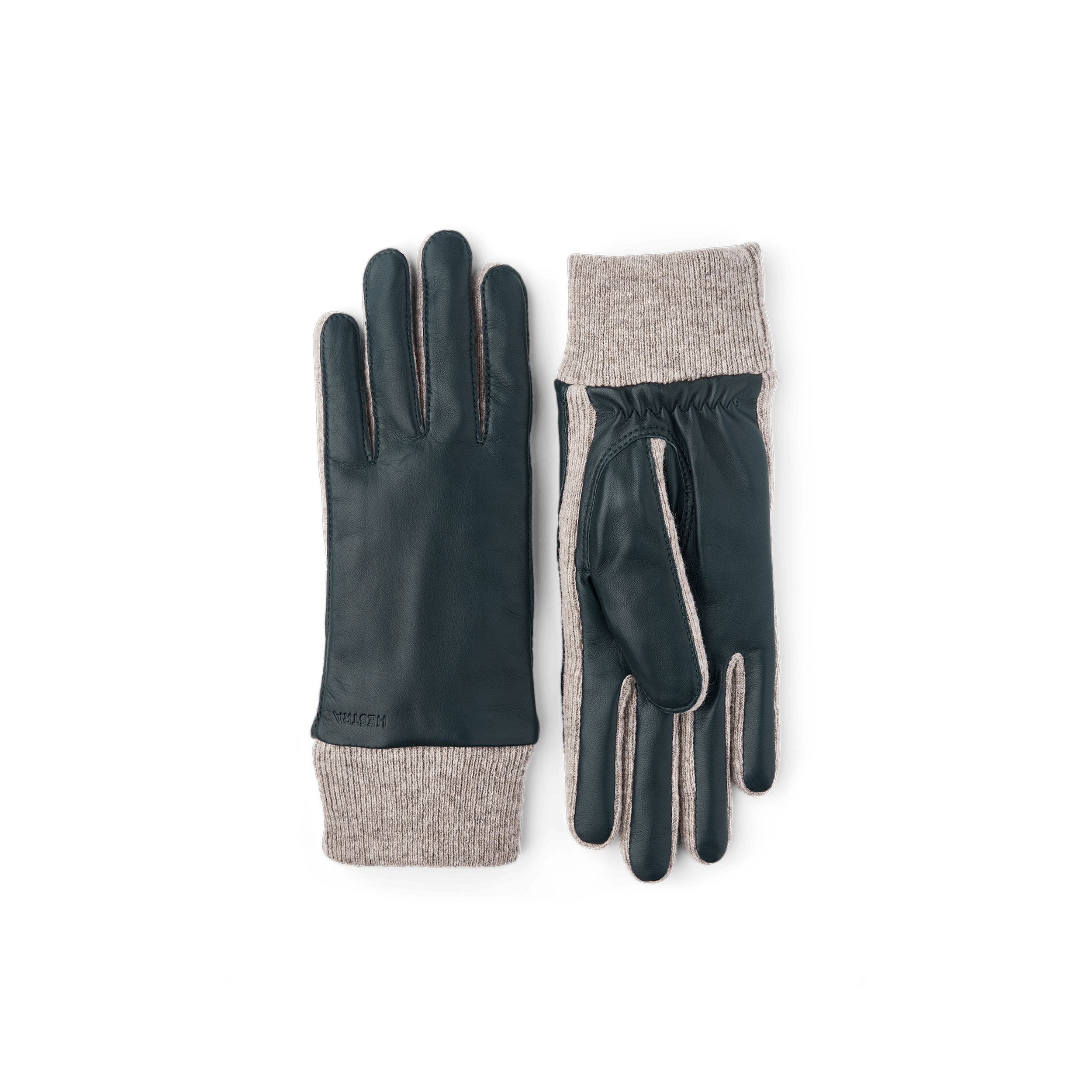 Mörkgrön maskinsydd skinnhandske i lammnappa med ljusgrå stickad mudd och sidor
 (1 av 6)