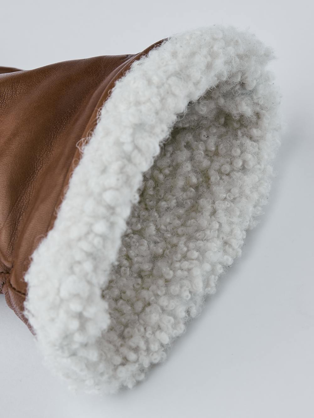 Medium brown machine-sewn hairsheep leather mitten with white fur trim
(5 of 5)