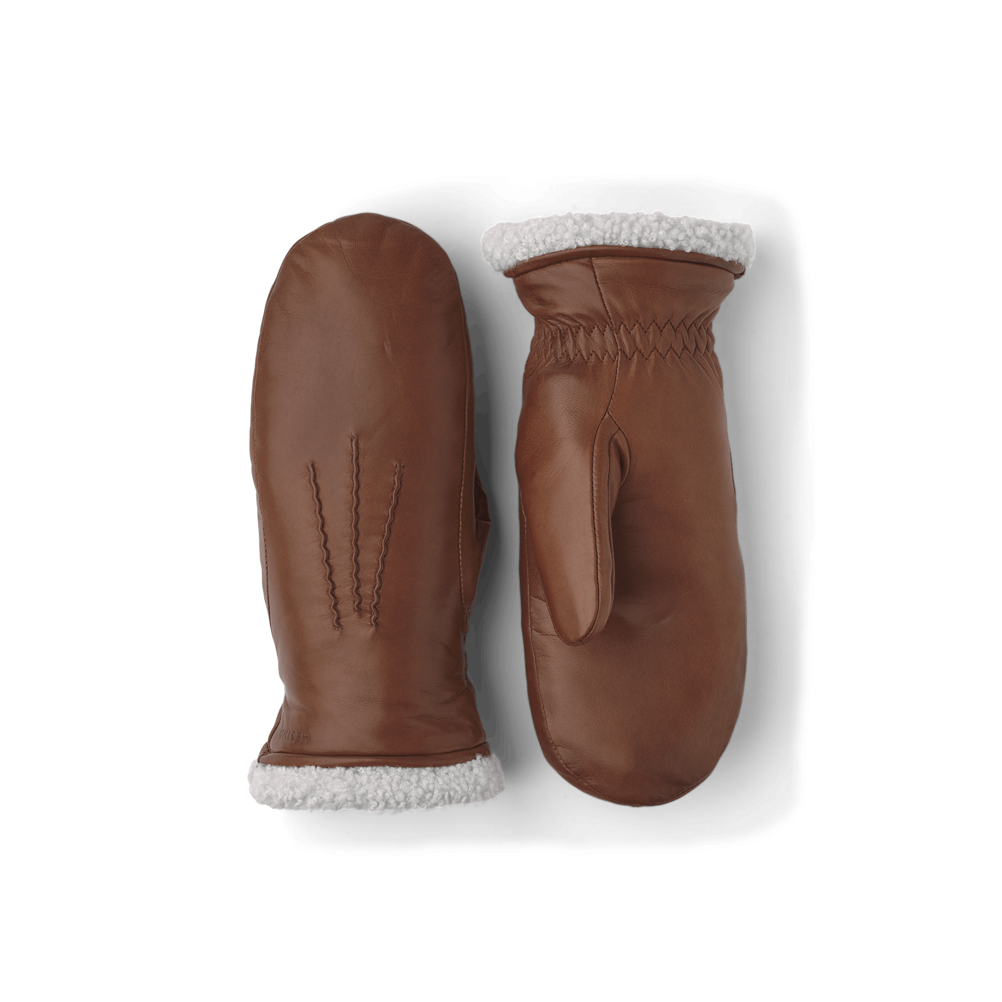 Medium brown machine-sewn hairsheep leather mitten with white fur trim
 (1 of 5)