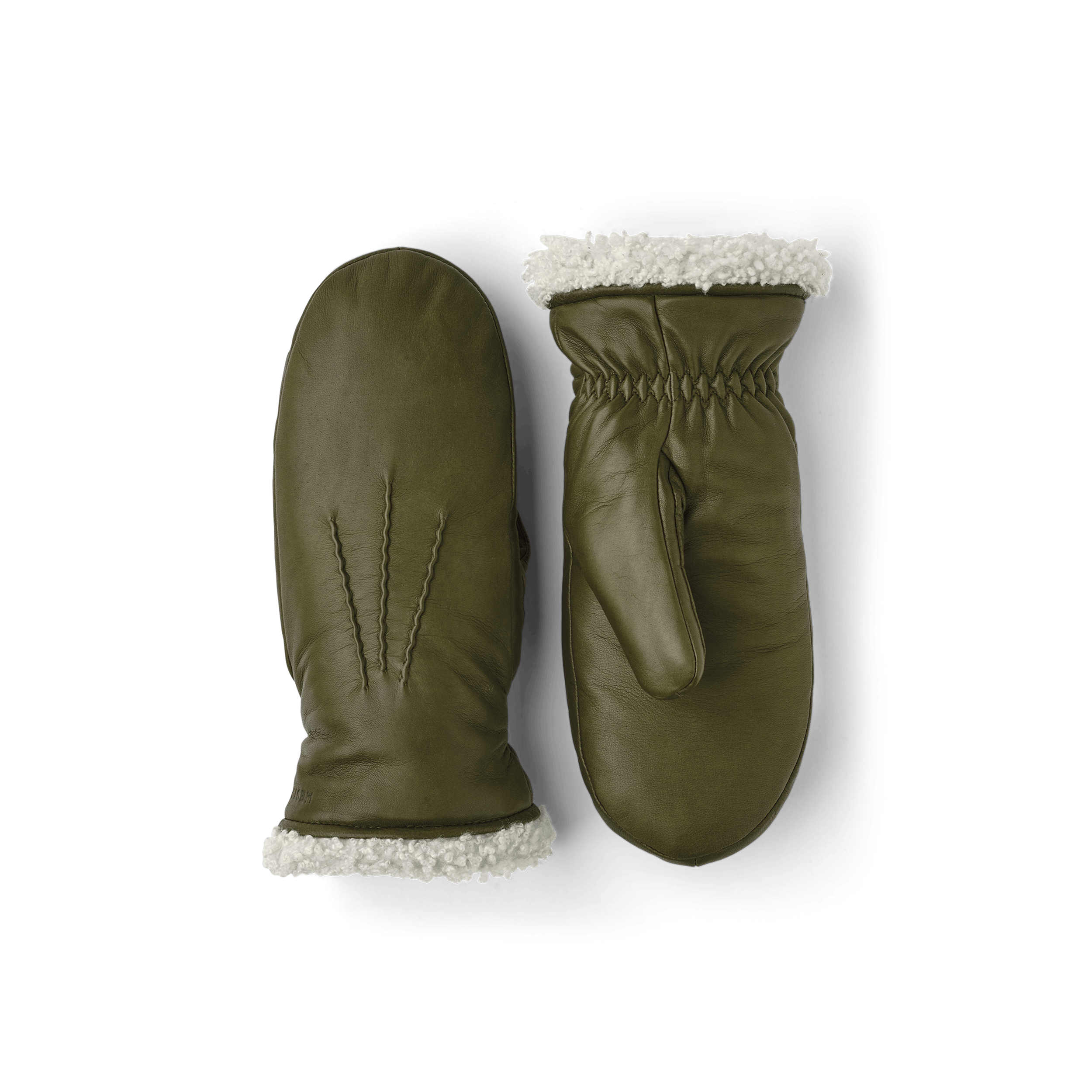 Mossgrön maskinsydd tumhandske i lammnappa med vit pälskrage
(1 av 5)