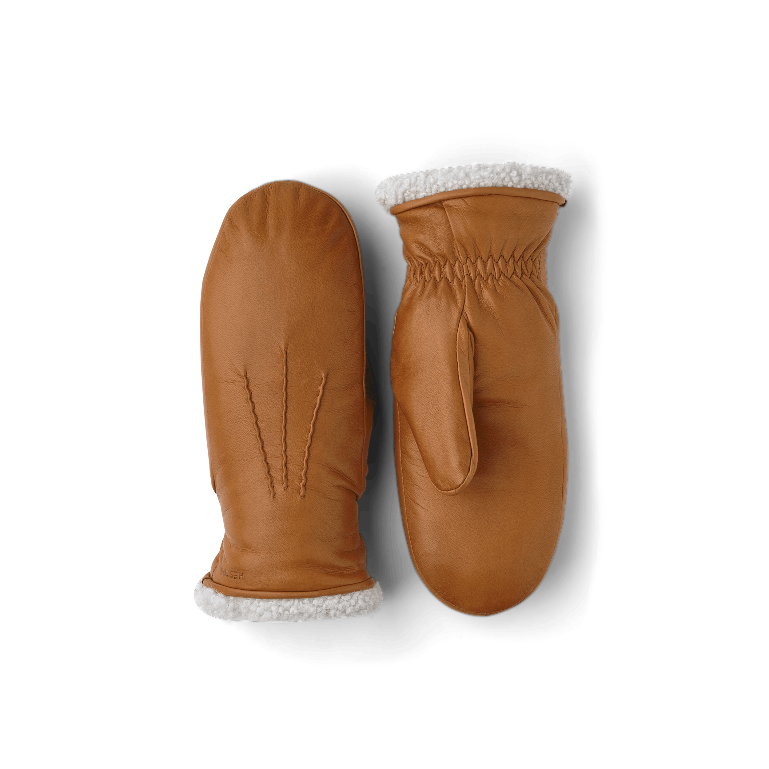 Light brownish-yellow machine-sewn hairsheep leather mitten with white fur trim
(1 of 5)