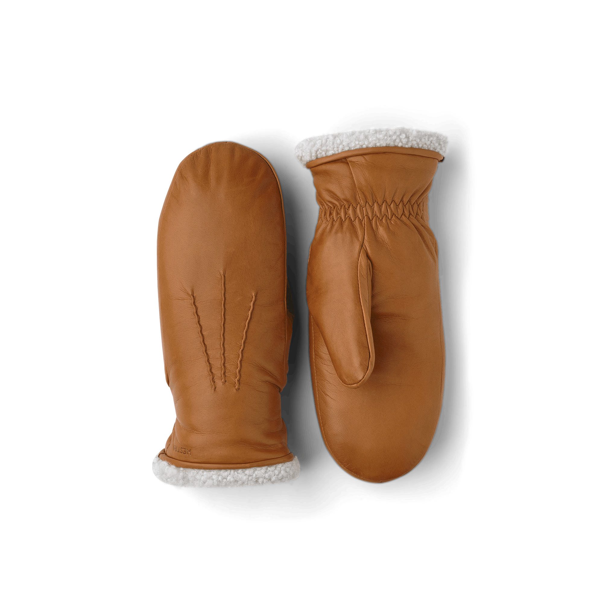 Ljus brungul maskinsydd tumhandske i lammnappa med vit pälskrage
 (1 av 5)