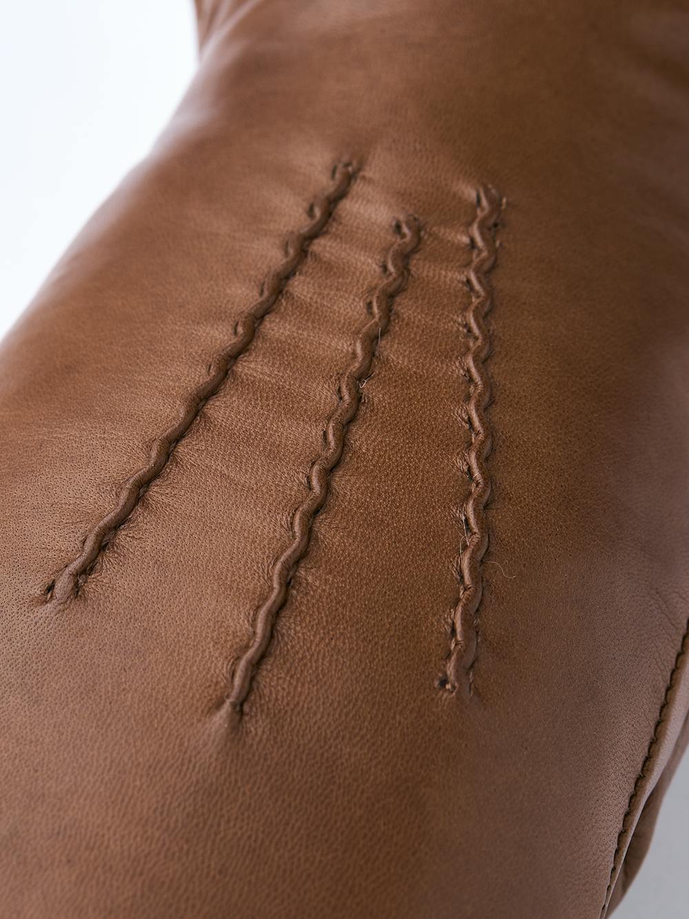 Medium brown machine-sewn hairsheep leather mitten with white fur trim
(3 of 5)