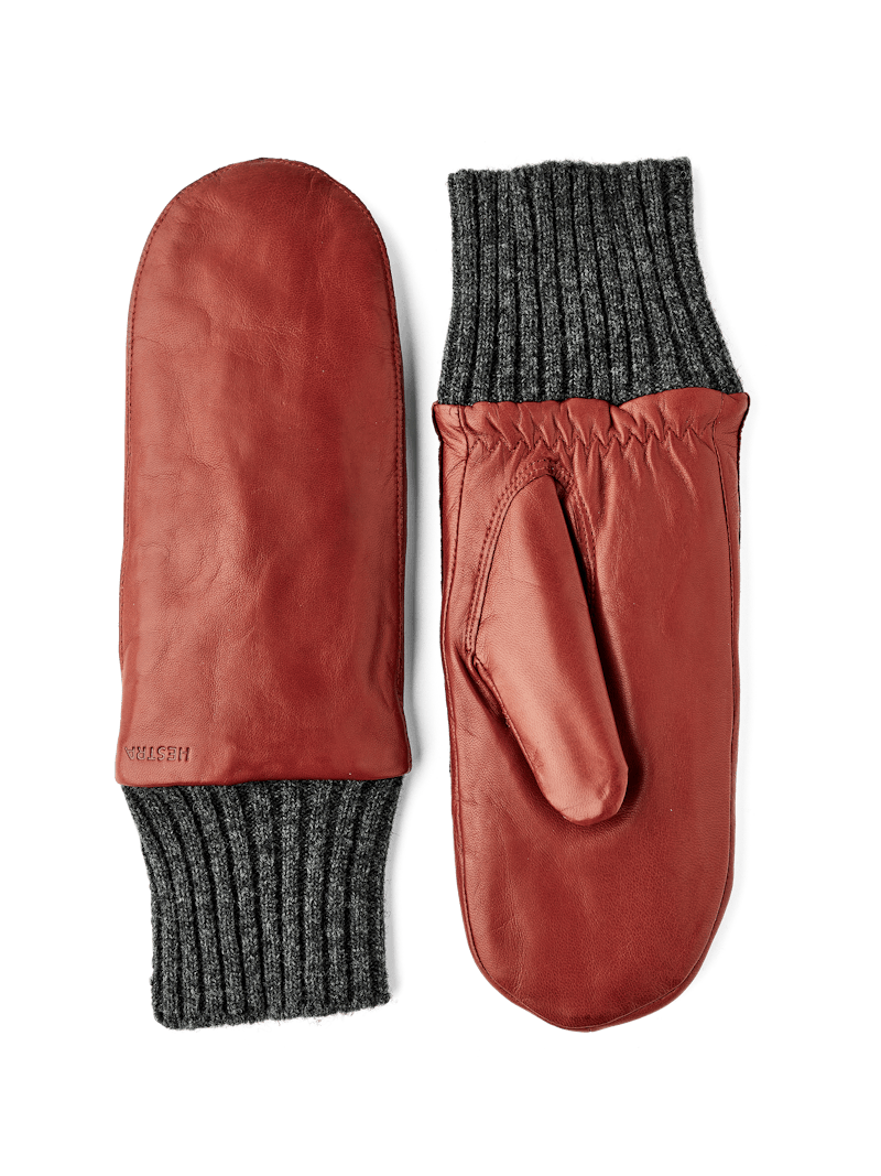 Brown-red machine-sewn hairsheep leather mitten with gray knitted cuff
 (1 of 4)