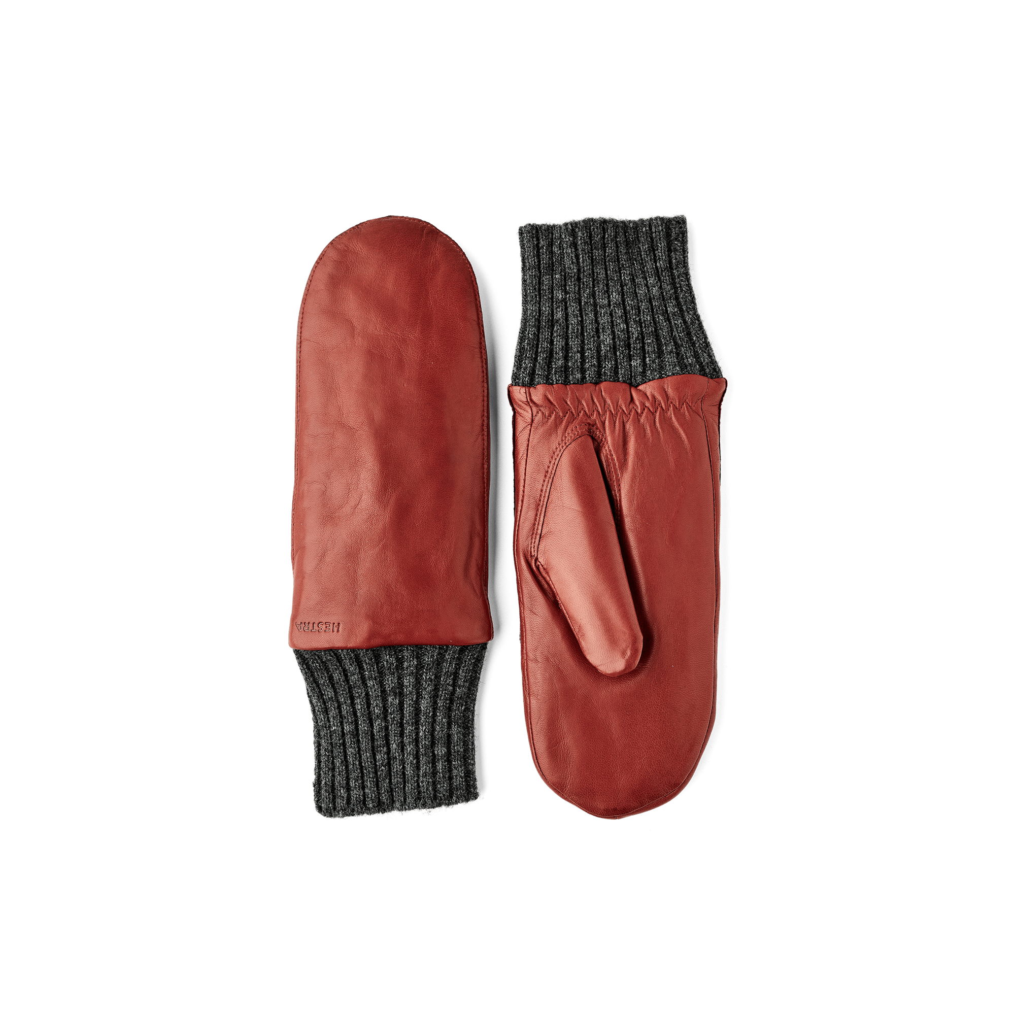 Rotbrauner maschinengenähter Fausthandschuh aus Haarschafleder mit grauem Strickbündchen
(1 oder 4)