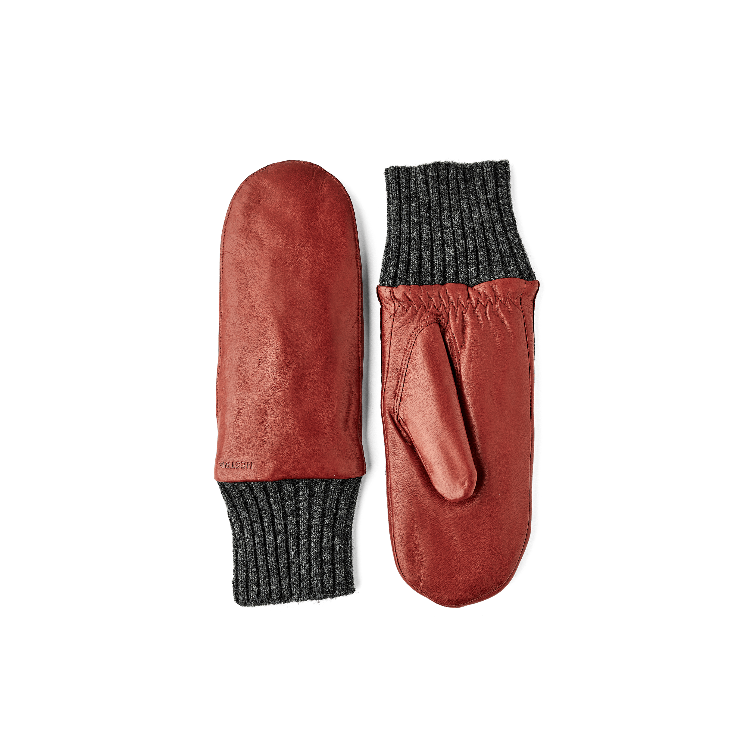 Brown-red machine-sewn hairsheep leather mitten with gray knitted cuff
(1 of 4)