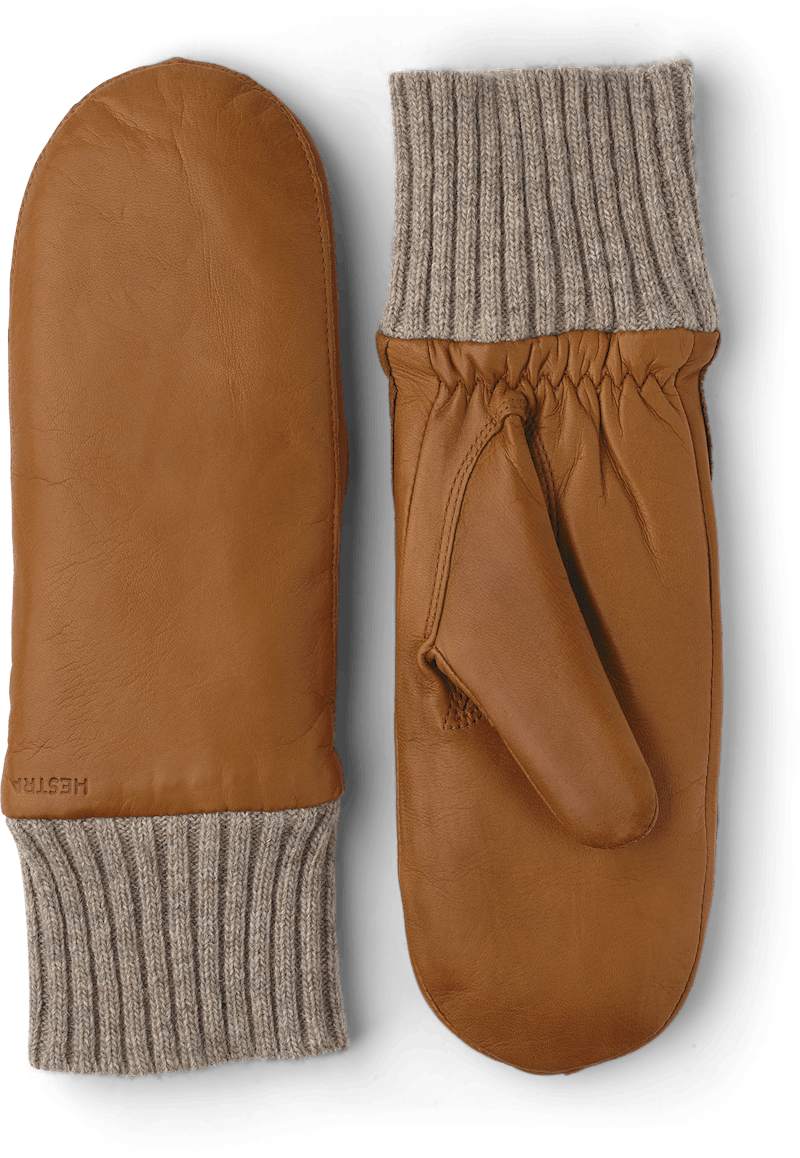 Light brownish-yellow machine-sewn hairsheep leather mitten with beige knitted cuff
 (1 of 4)