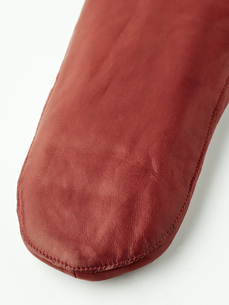 Brown-red machine-sewn hairsheep leather mitten with gray knitted cuff
 (2 of 4)