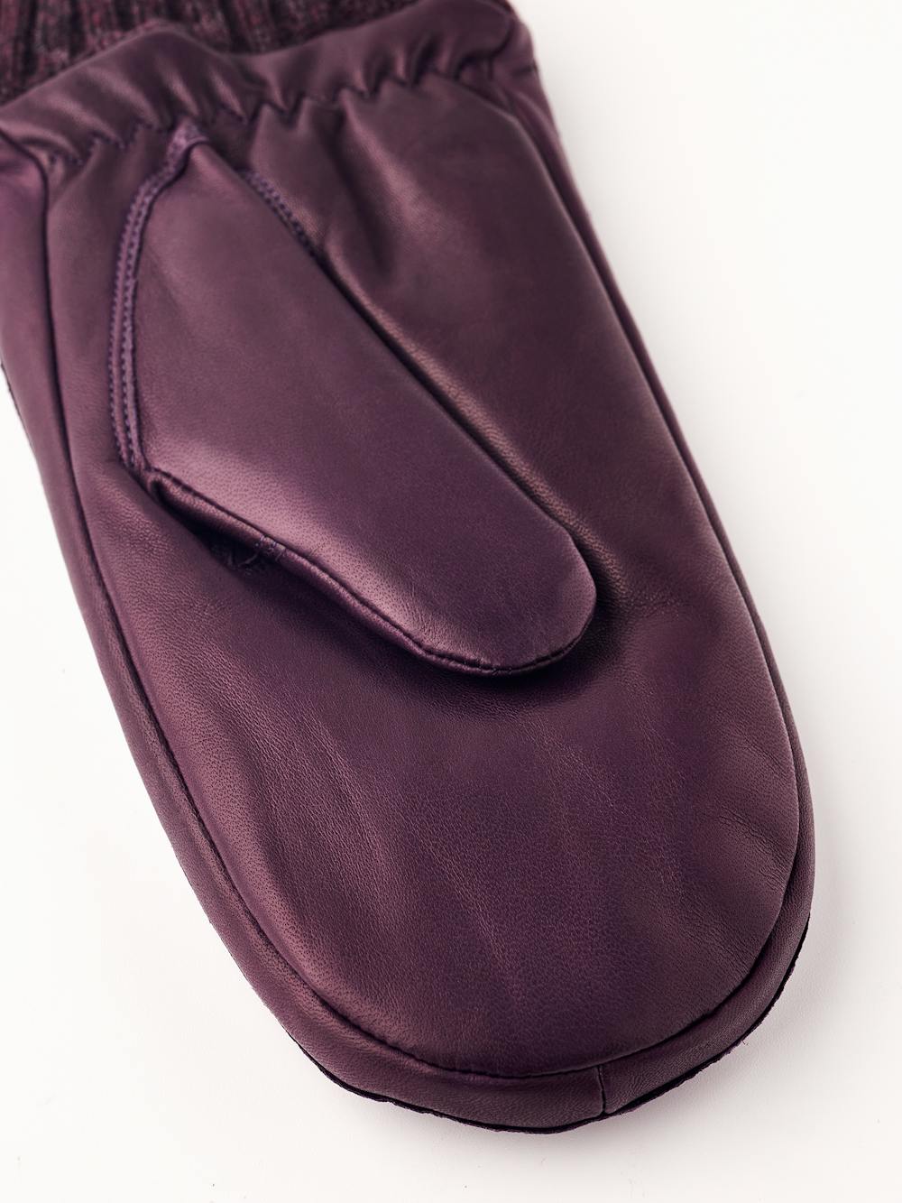 Dark purple machine-sewn hairsheep leather mitten with knitted cuff
(2 of 3)