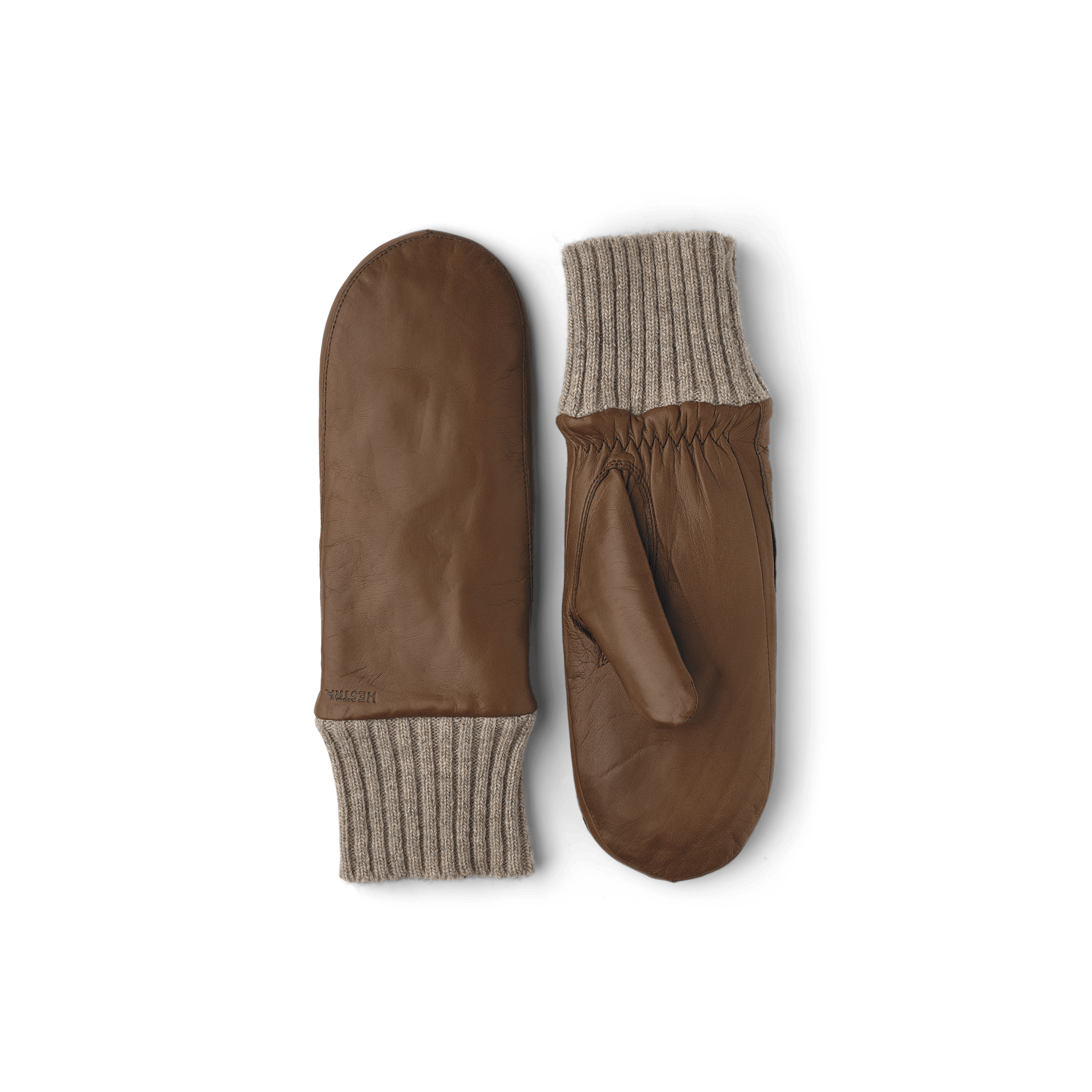 Hellbrauner maschinengenähter Fausthandschuh aus Haarschafleder mit beigem Strickbündchen
(1 oder 3)