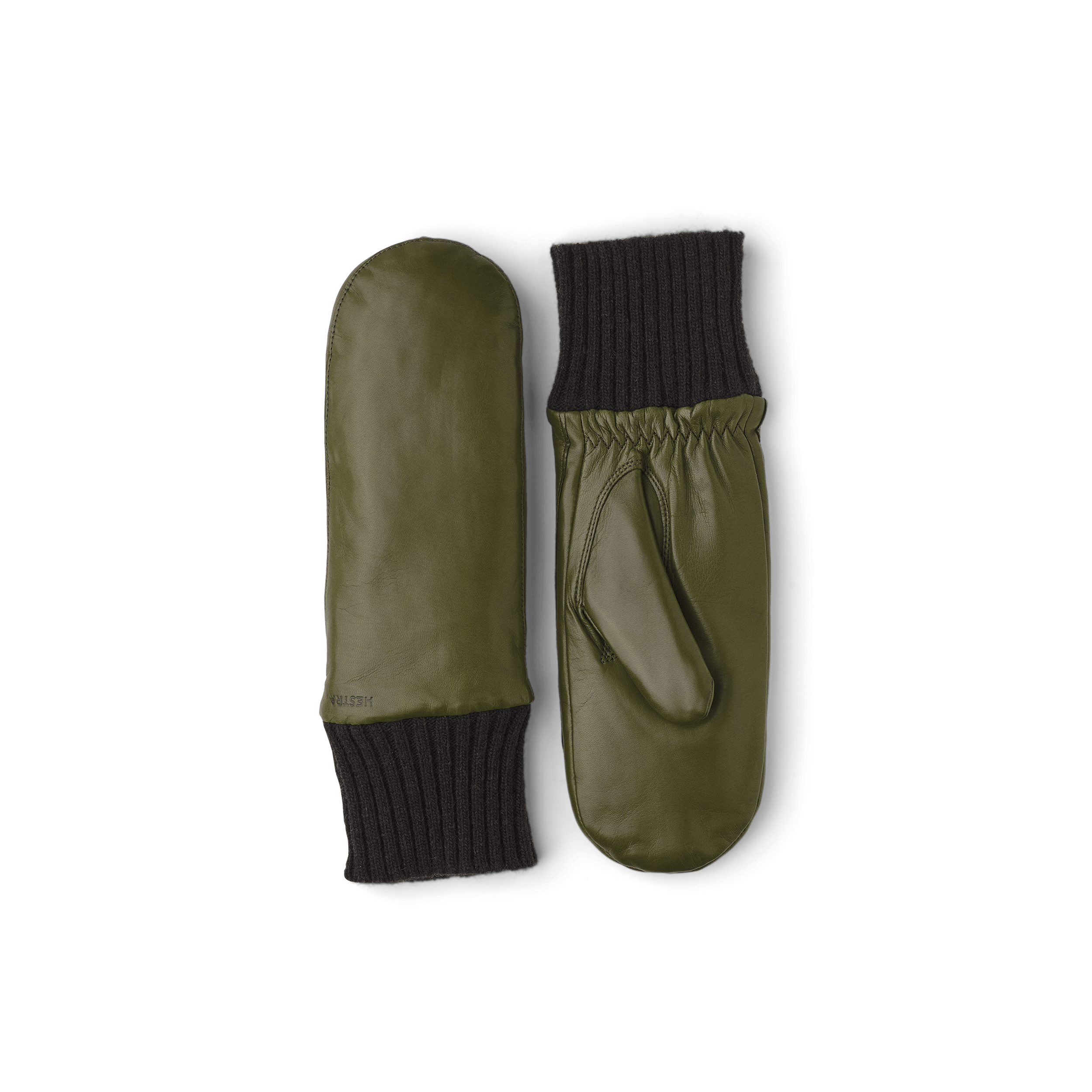 Moss green machine-sewn hairsheep leather mitten with brown knitted cuff
(1 of 3)