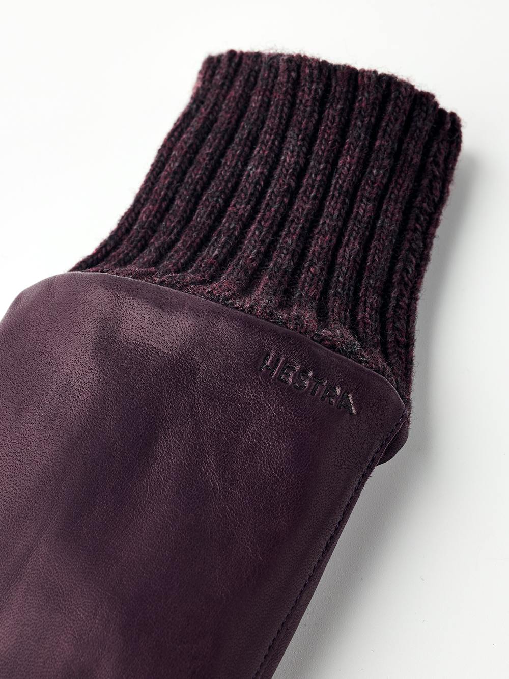 Dark purple machine-sewn hairsheep leather mitten with knitted cuff
 (3 of 3)