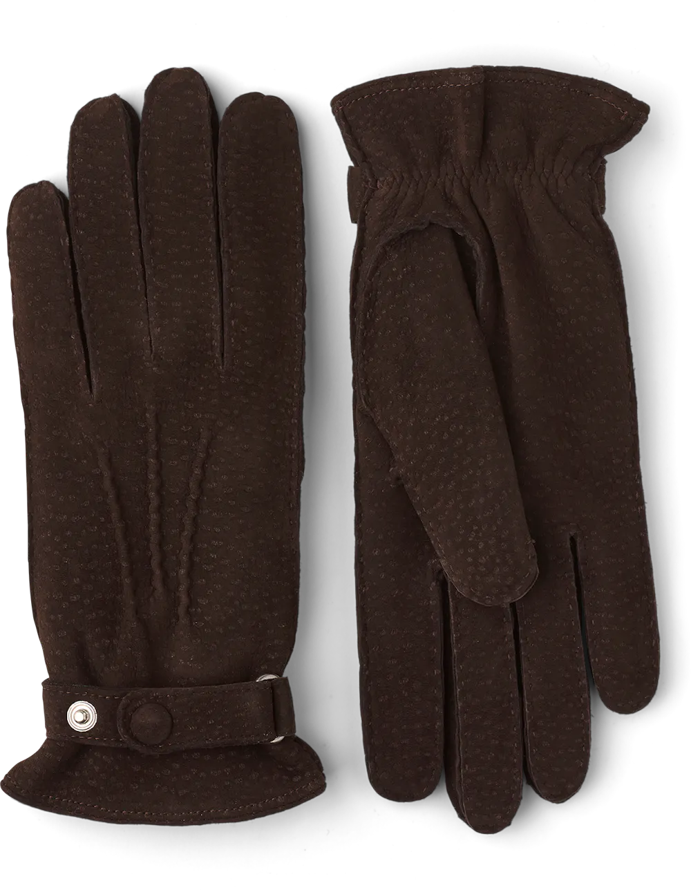 Dark brown hand-sewn glove in carpincho nubuck with leather strap and button
(2 of 5)