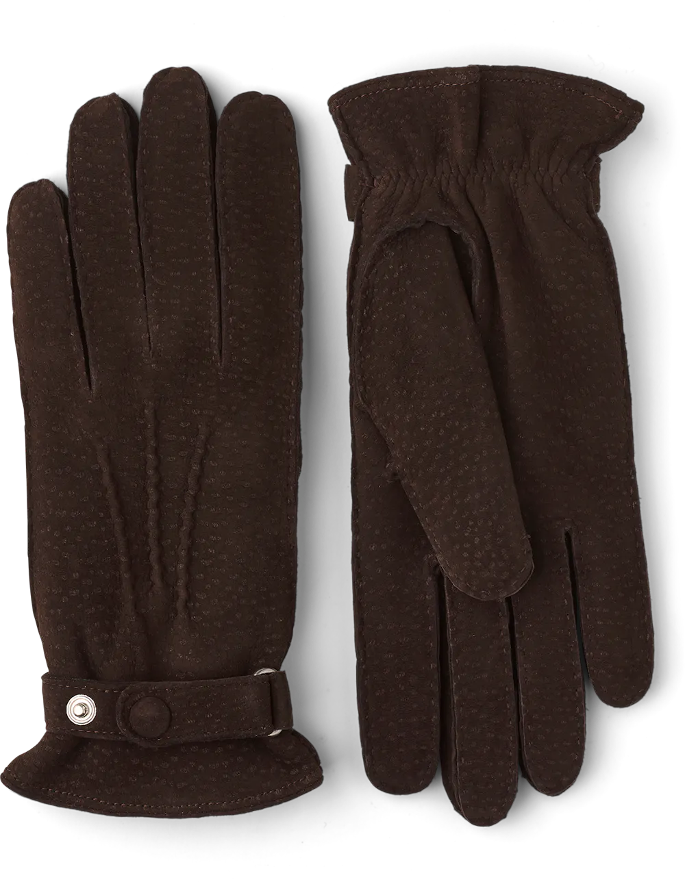 Dark brown hand-sewn glove in carpincho nubuck with leather strap and button
 (2 of 5)