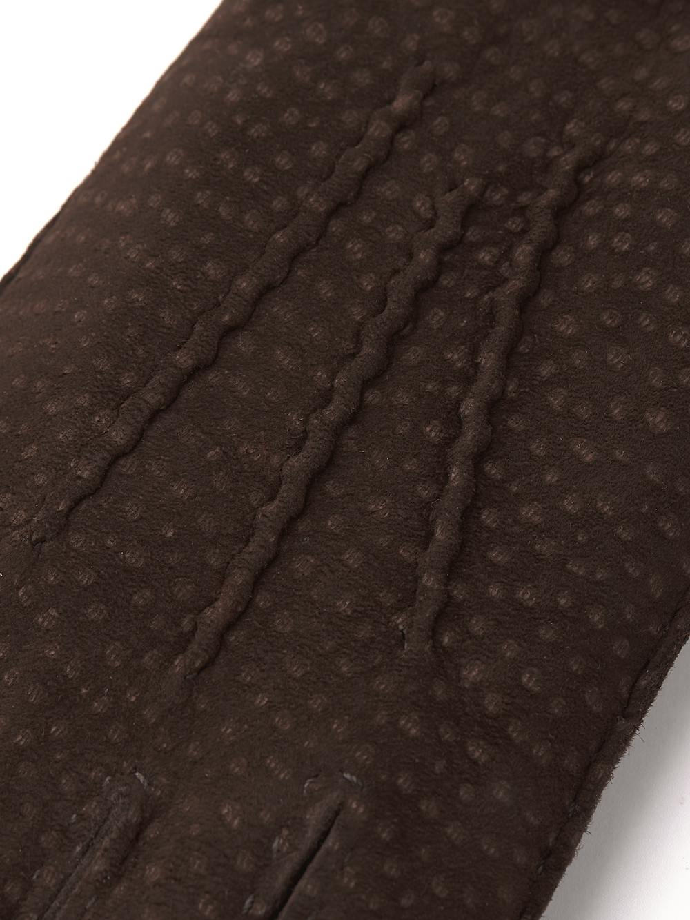 Brauner handgenähter Handschuh aus Carpincho-Nubuk mit Lederriegel und Knopf
(2 oder 4)