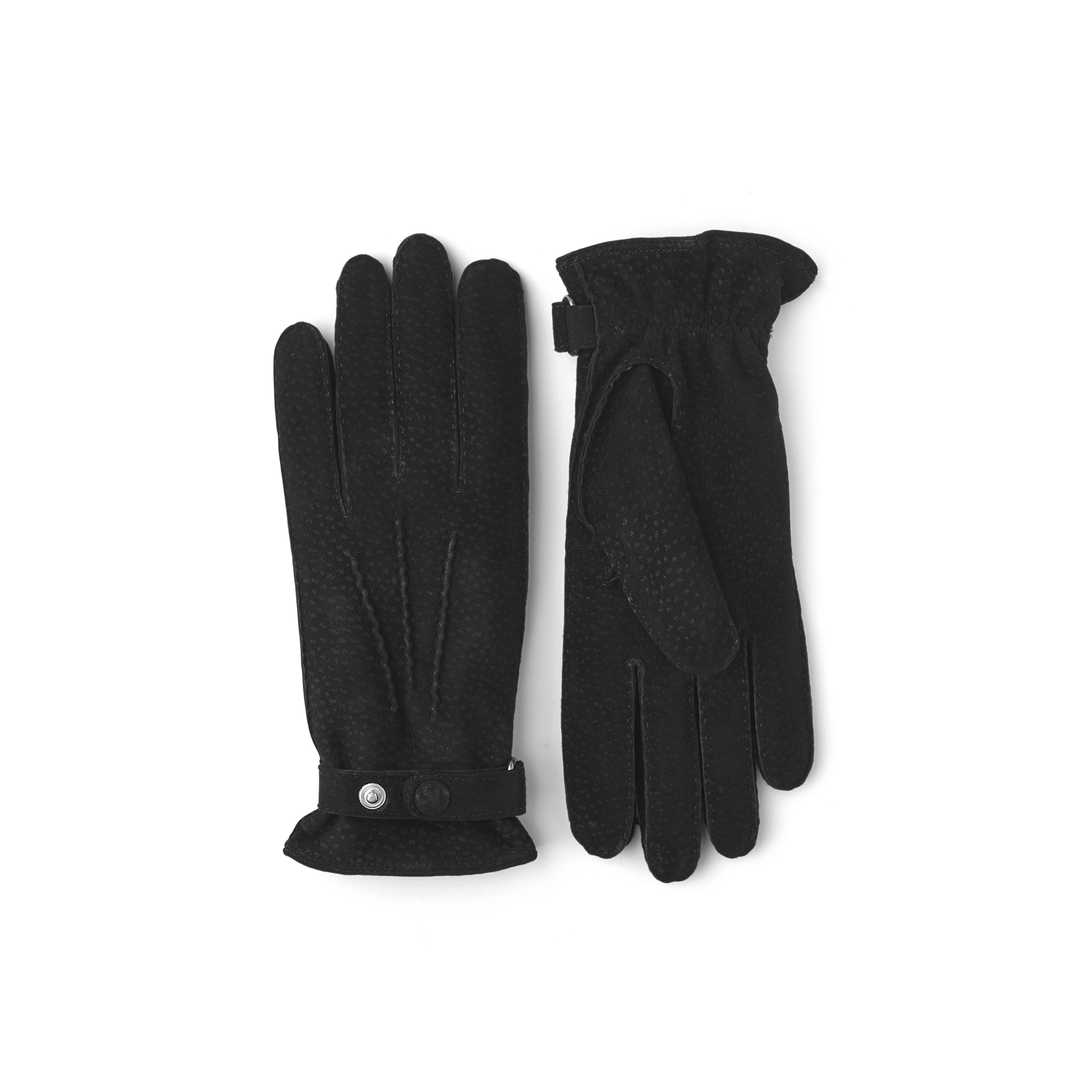 Schwarzer handgenähter Handschuh aus Carpincho-Nubuk mit Lederriegel und Knopf
(1 oder 4)