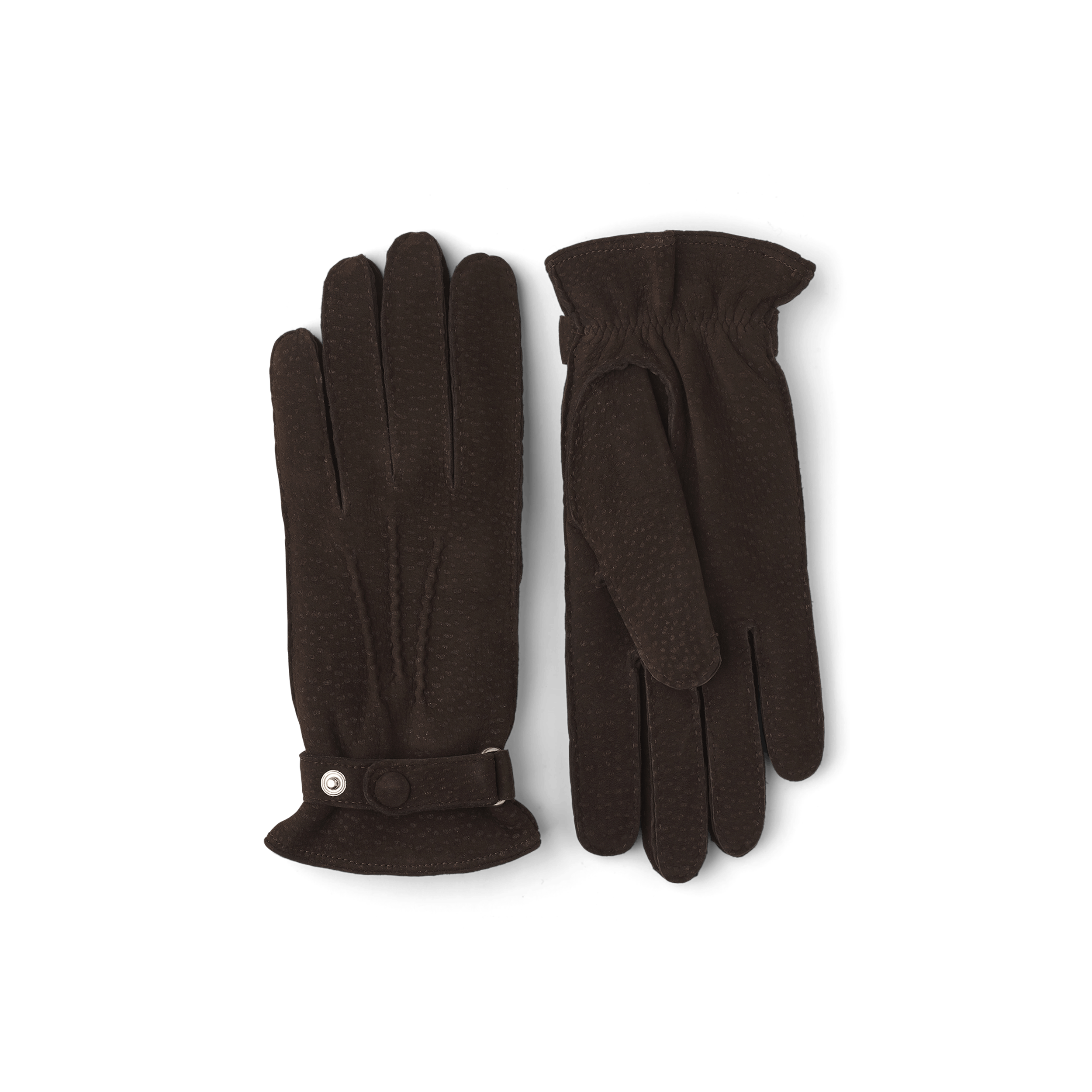 Dark brown hand-sewn glove in carpincho nubuck with leather strap and button
 (1 of 4)