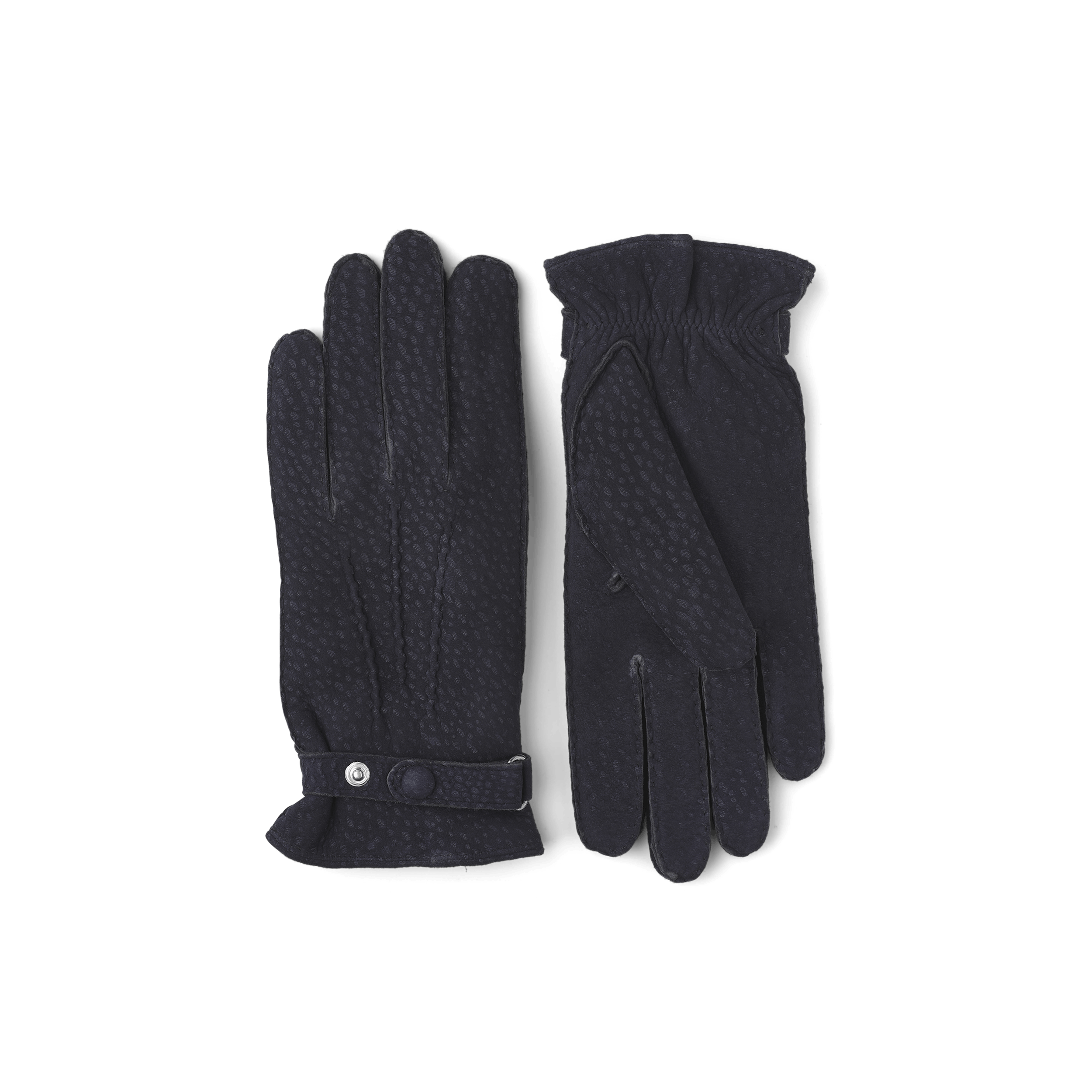 Dark blue hand-sewn glove in carpincho nubuck with leather strap and button
(1 of 4)